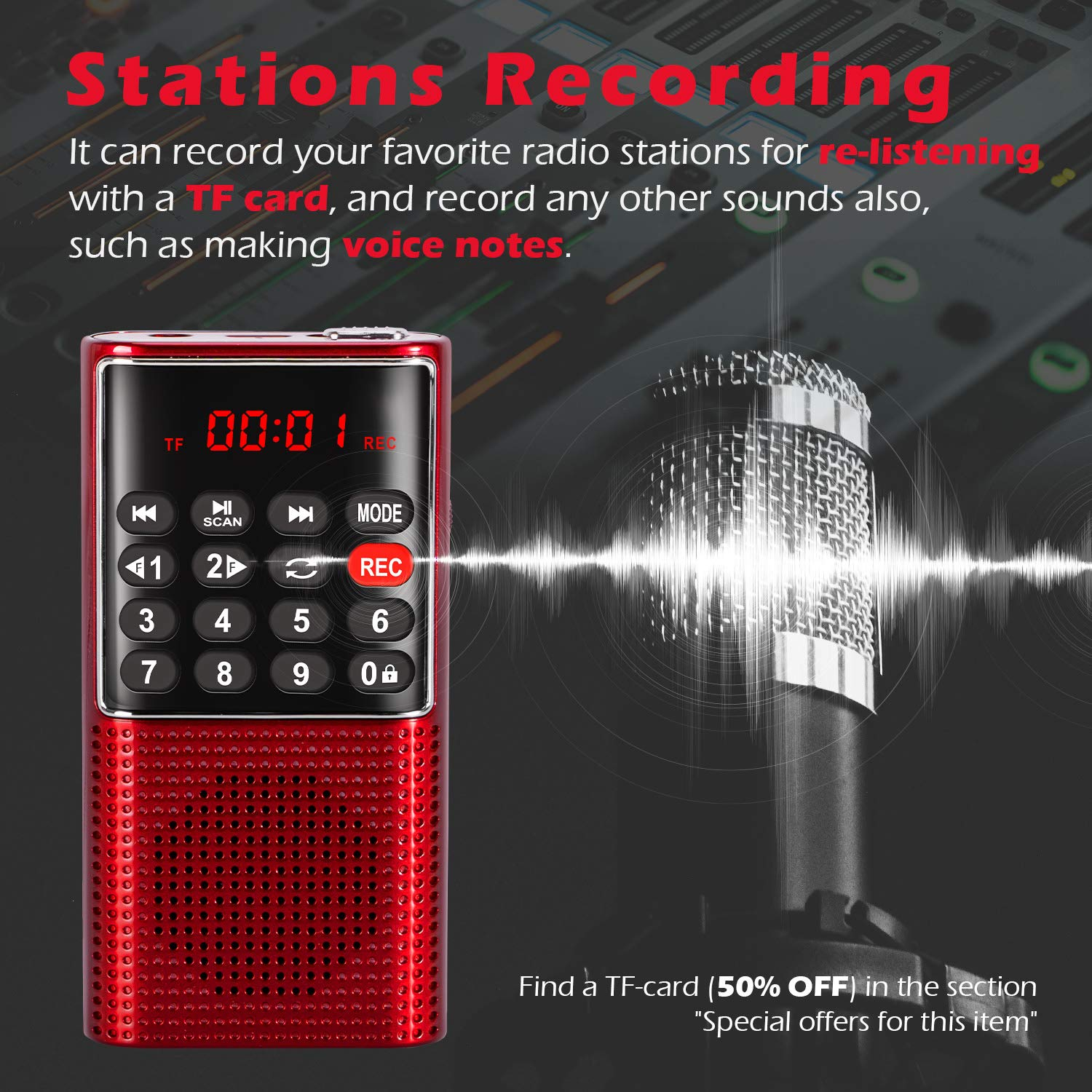 Rotes Radio mit Knöpfen. Mikrofon mit Schallwellen. Text: Stationsaufnahme. TF-Karte und Sprachnotizfunktionen.