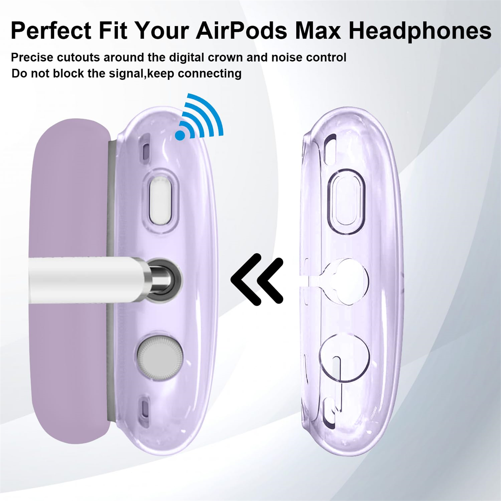 Klare Hülle für AirPods Max-Kopfhörer mit Stecker und WLAN-Signal-Symbol.