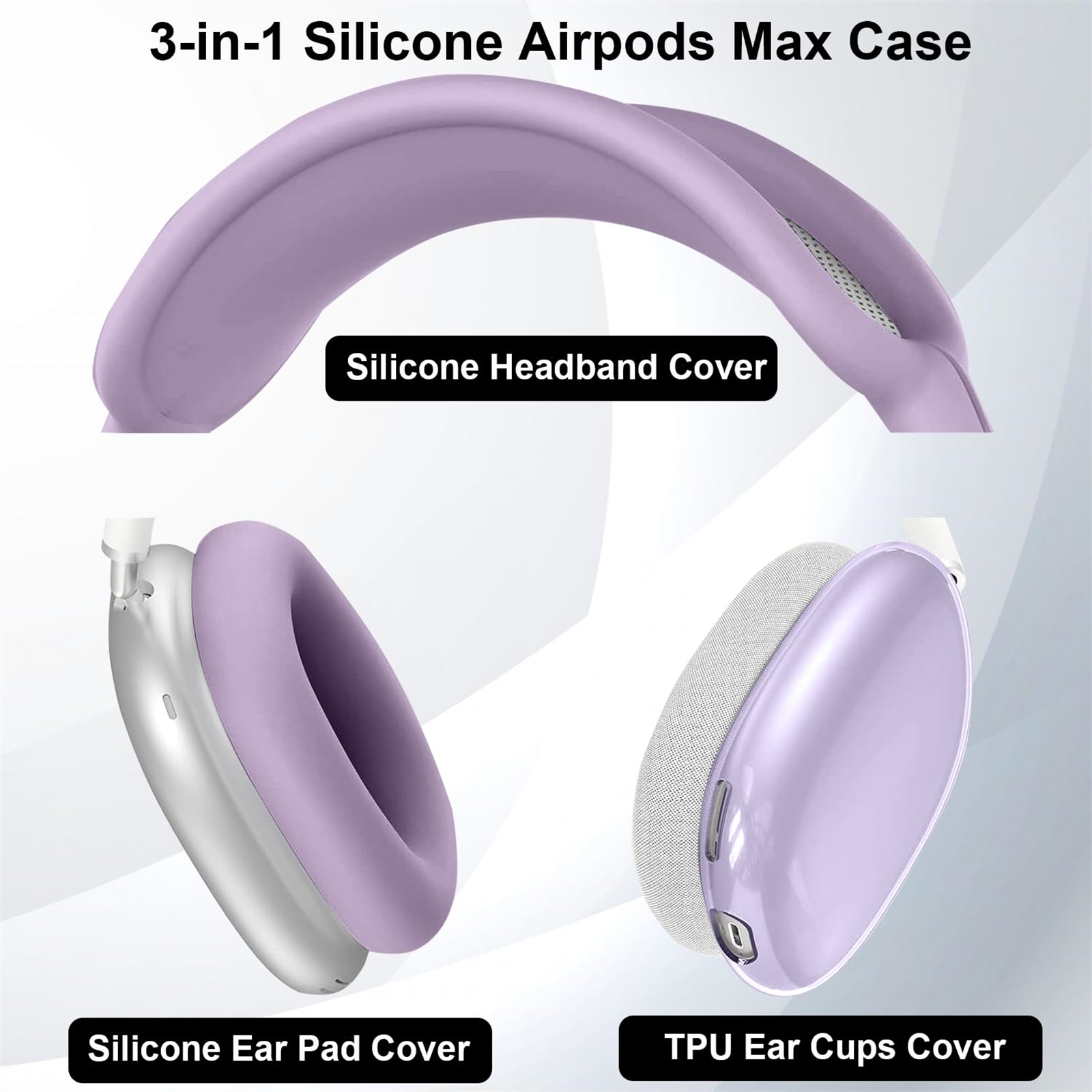 Lila Silikon-AirPods Max-Etui. Drei Komponenten beschriftet: Stirnband, Ohrpolsterbezug und Ohrmuschelbezug.