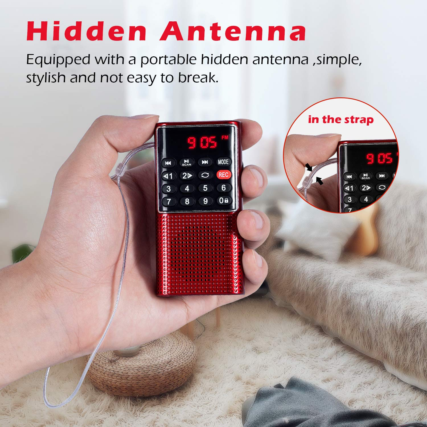Rotes Taschenradio mit FM-Anzeige und einem Band.