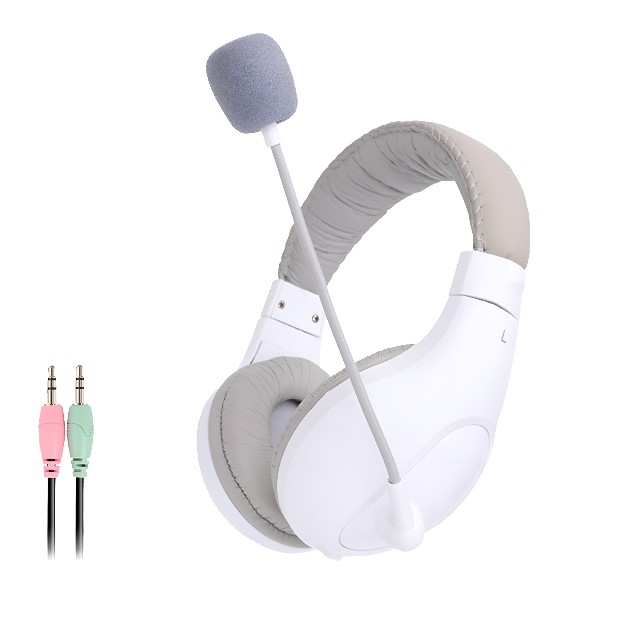 Weißes Headset mit grauen Ohrmuscheln und Mikrofon, mit rosa und grünen Audioanschlüssen.