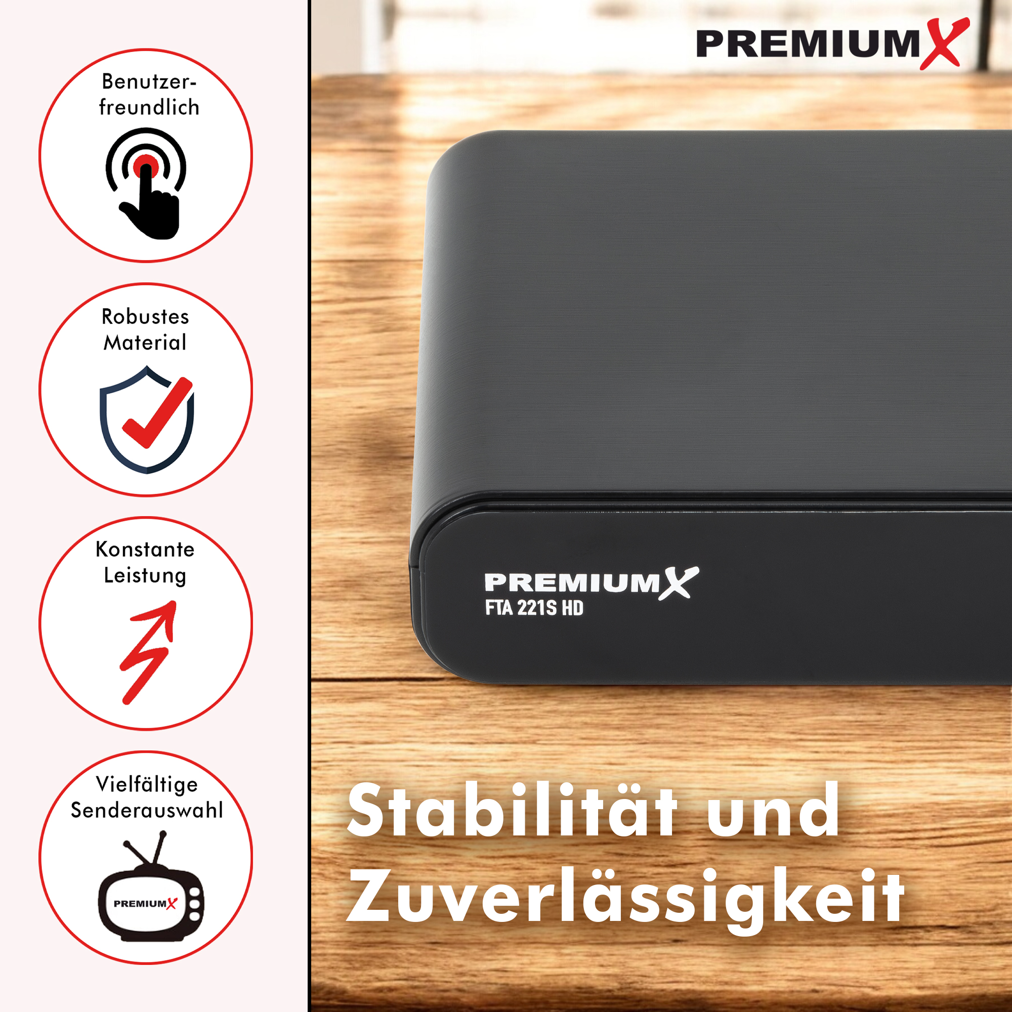 Schwarze Festplatte mit Symbolen und Text, die Robustheit und Zuverlässigkeit bewerben. Die Marke ist PREMIUMX.