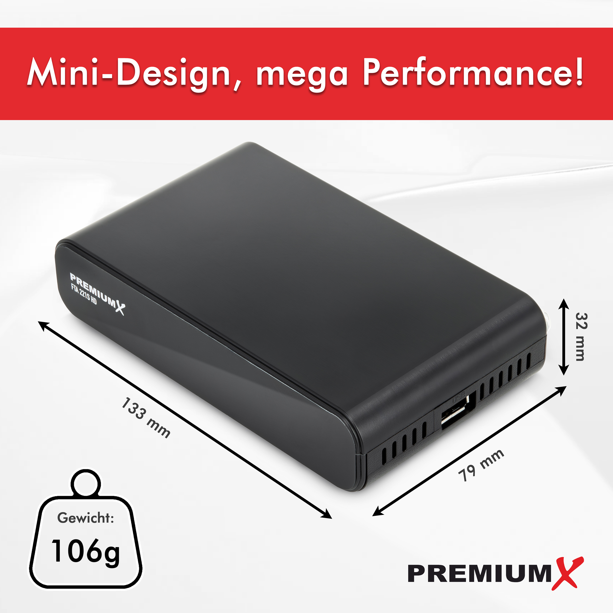 Schwarze externe Festplatte mit Abmessungen und Gewicht. Es hat einen USB-Anschluss und das Logo PREMIUMX.