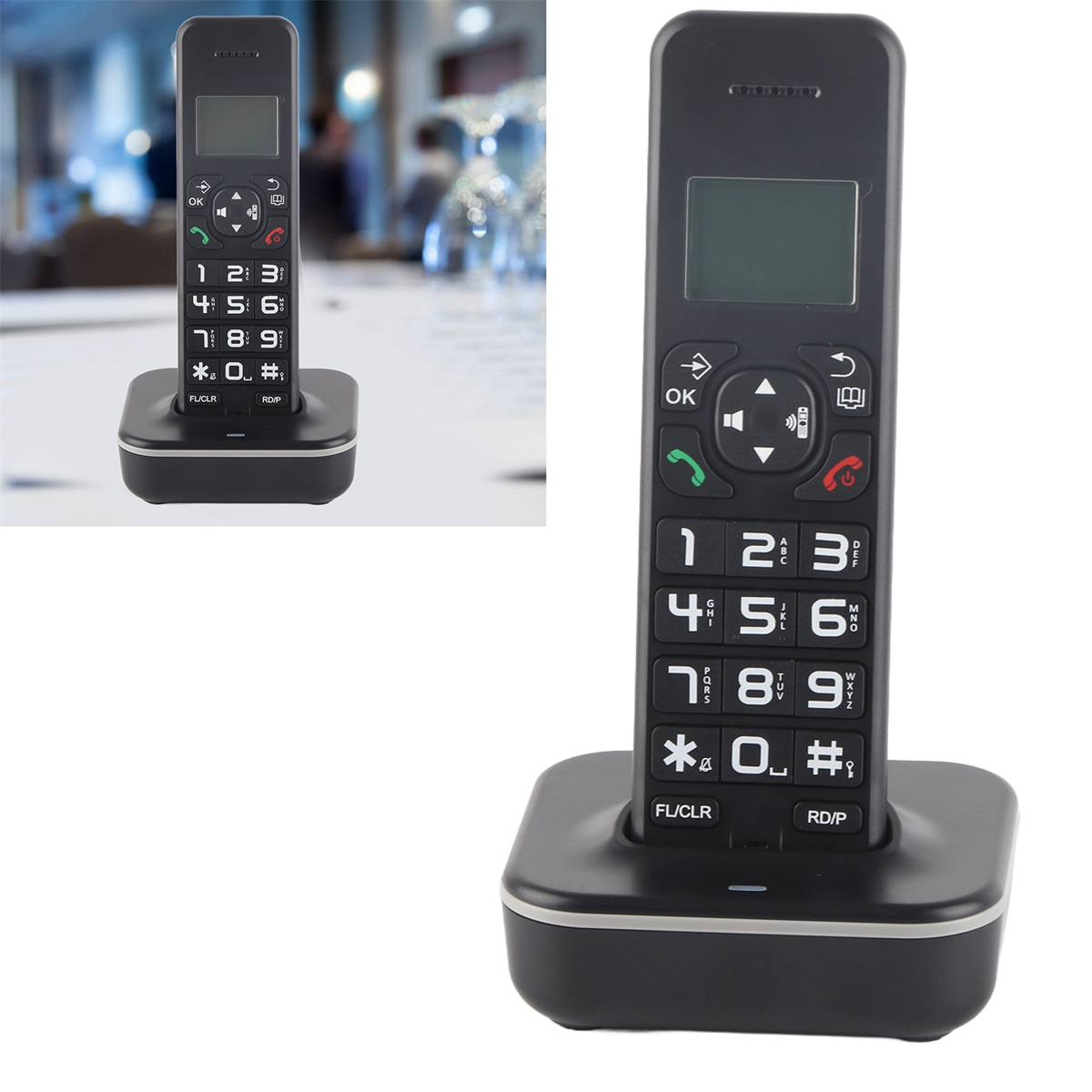Schwarzes schnurloses Telefon mit großen Tasten. Anzeige auf Basis und Telefon. Hintergrund ist unscharf.