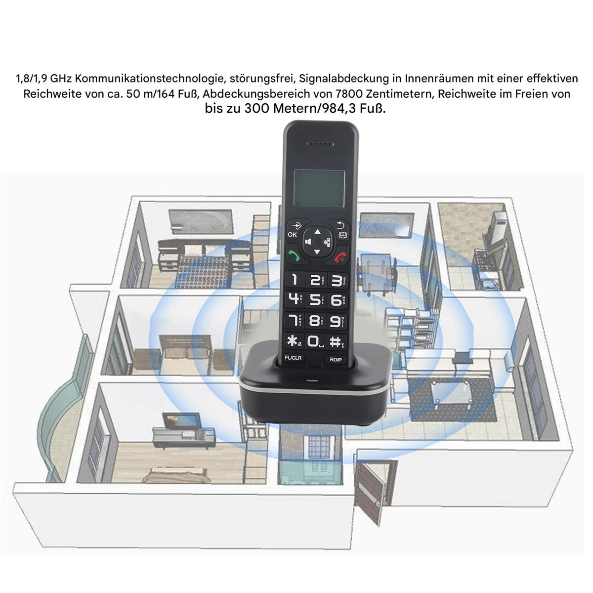 Schnurloses Telefon auf Basis, schematische Zeichnung eines Hauses mit Signalwellen.