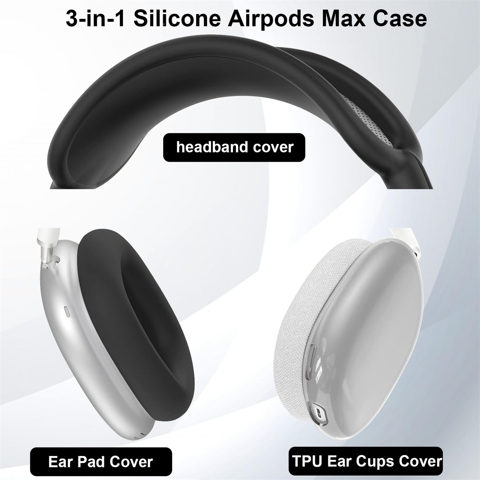 3-in-1 AirPods Max Hülle mit Kopfbügelabdeckung, Ohrpolsterabdeckung und Ohrmuschelabdeckung.