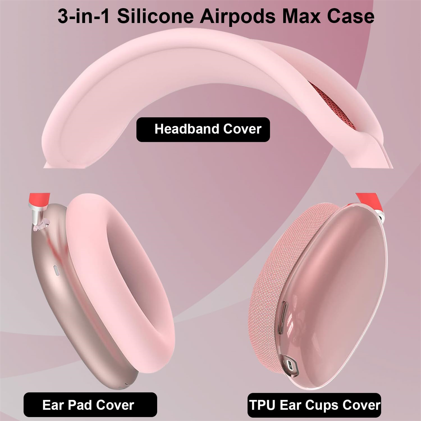 Rosa 3-in-1 Silikon AirPods Max Hülle. Enthält eine Kopfbandabdeckung, eine Ohrpolsterabdeckung und eine TPU-Ohrmuschel-Abdeckung.
