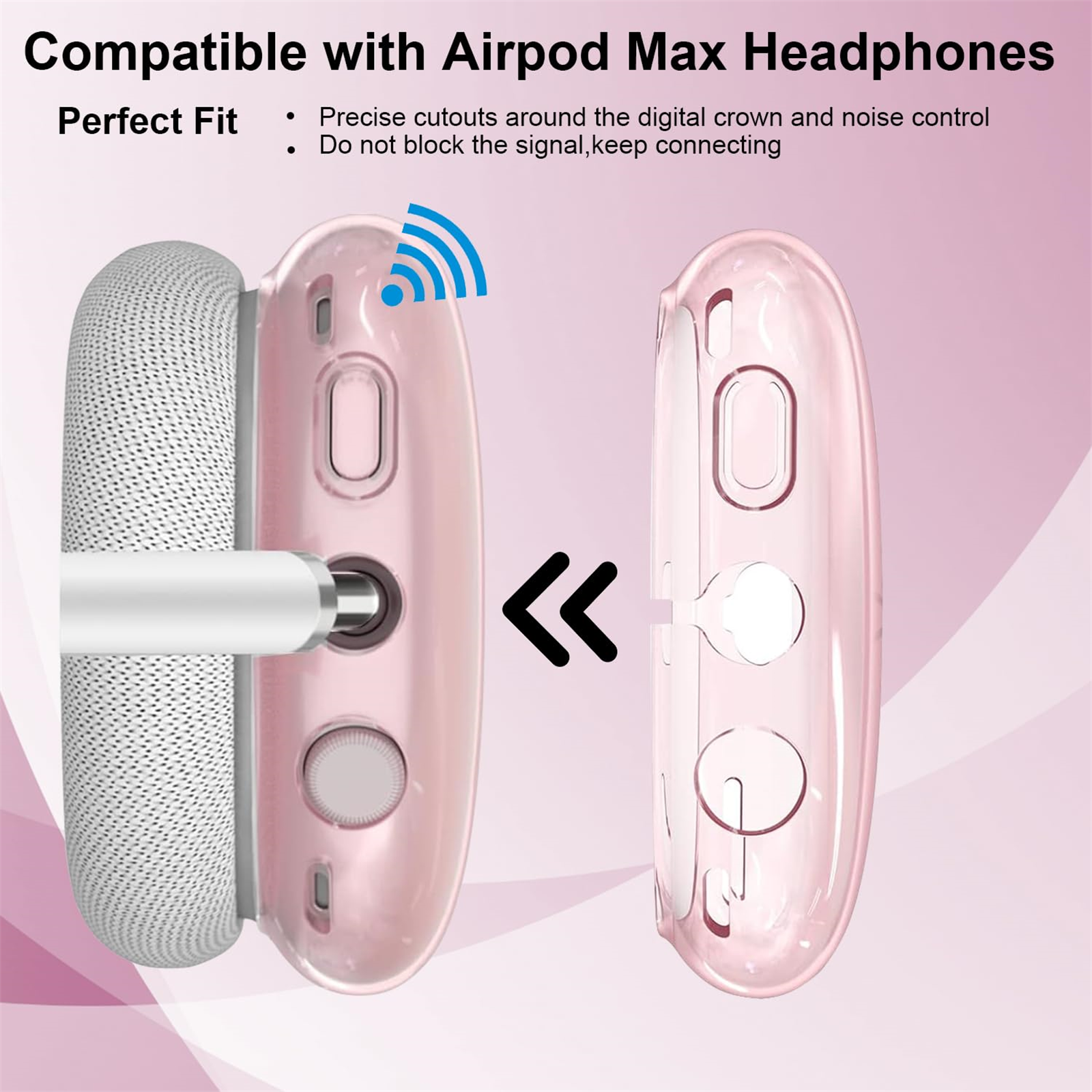 Kopfhörer mit Schutzhülle. Die Hülle ist hellrosa. Text: Kompatibel mit Airpod Max Kopfhörern.