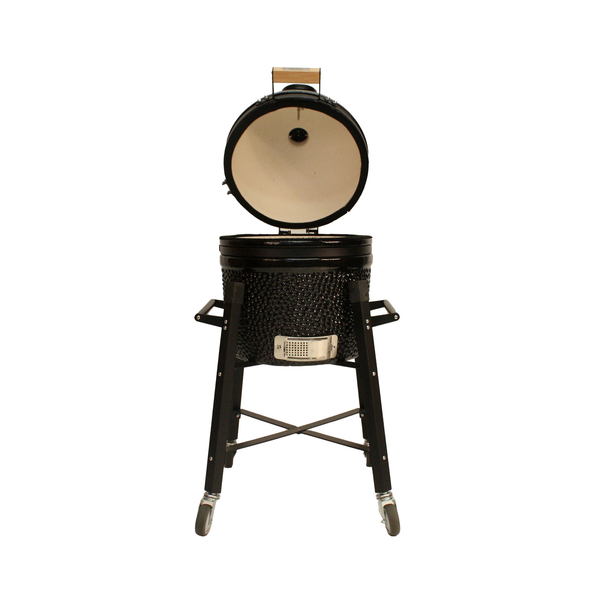 Schwarzer Keramikgrill mit offenem Deckel auf einem Ständer mit Rädern.
