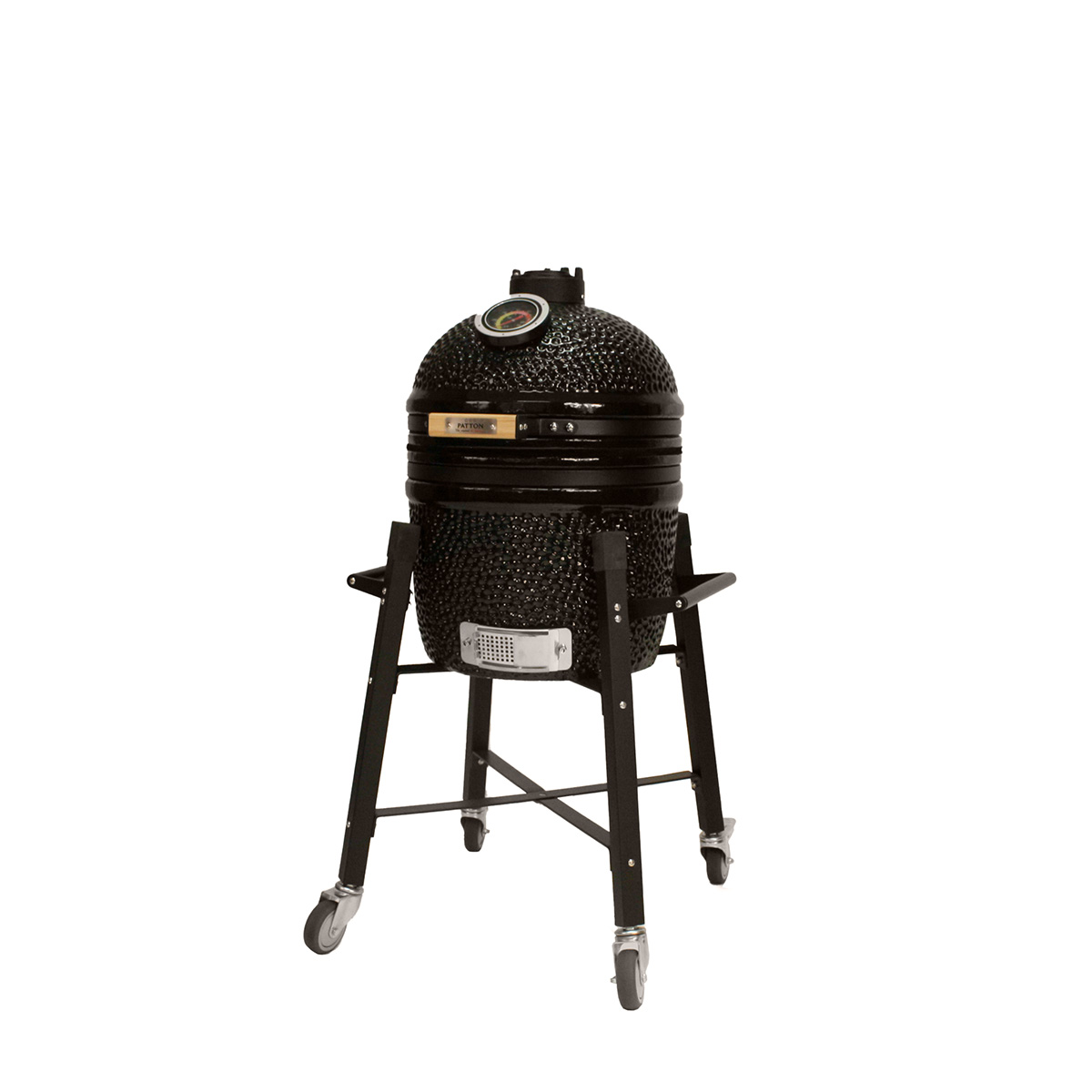 Ein schwarzer Keramikgrill auf einem Ständer mit Rädern.