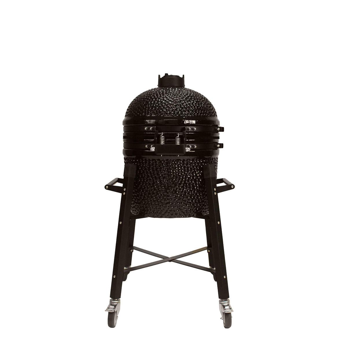 Schwarzer Kamado-Grill auf einem Ständer mit Rädern. Es ist ein großer, oval geformter Grill.