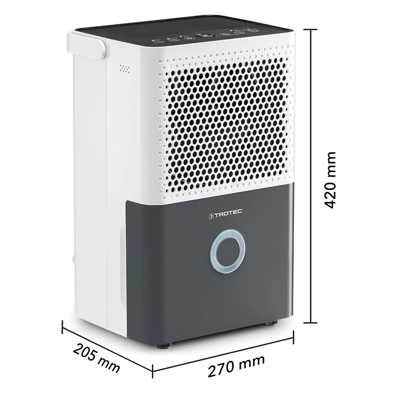 Deumidificatore Trotec bianco e grigio, con dimensioni indicate.