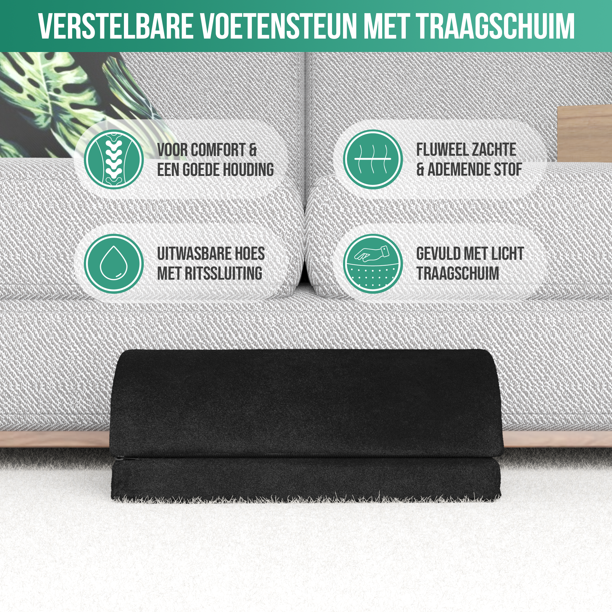 Nahaufnahme eines grauen Sofas mit weißen Textblasen, die Merkmale beschreiben.
