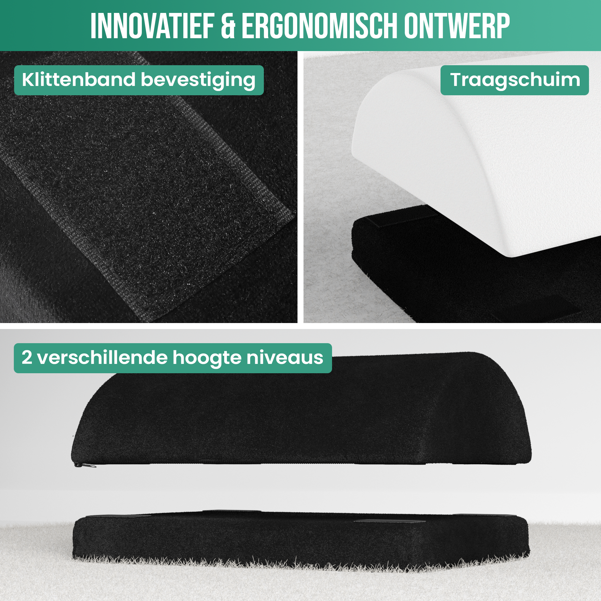 Nahaufnahme von Schaumstoffpolstern, schwarzem Klettverschluss und Titel: Innovatives & ergonomisches Design.