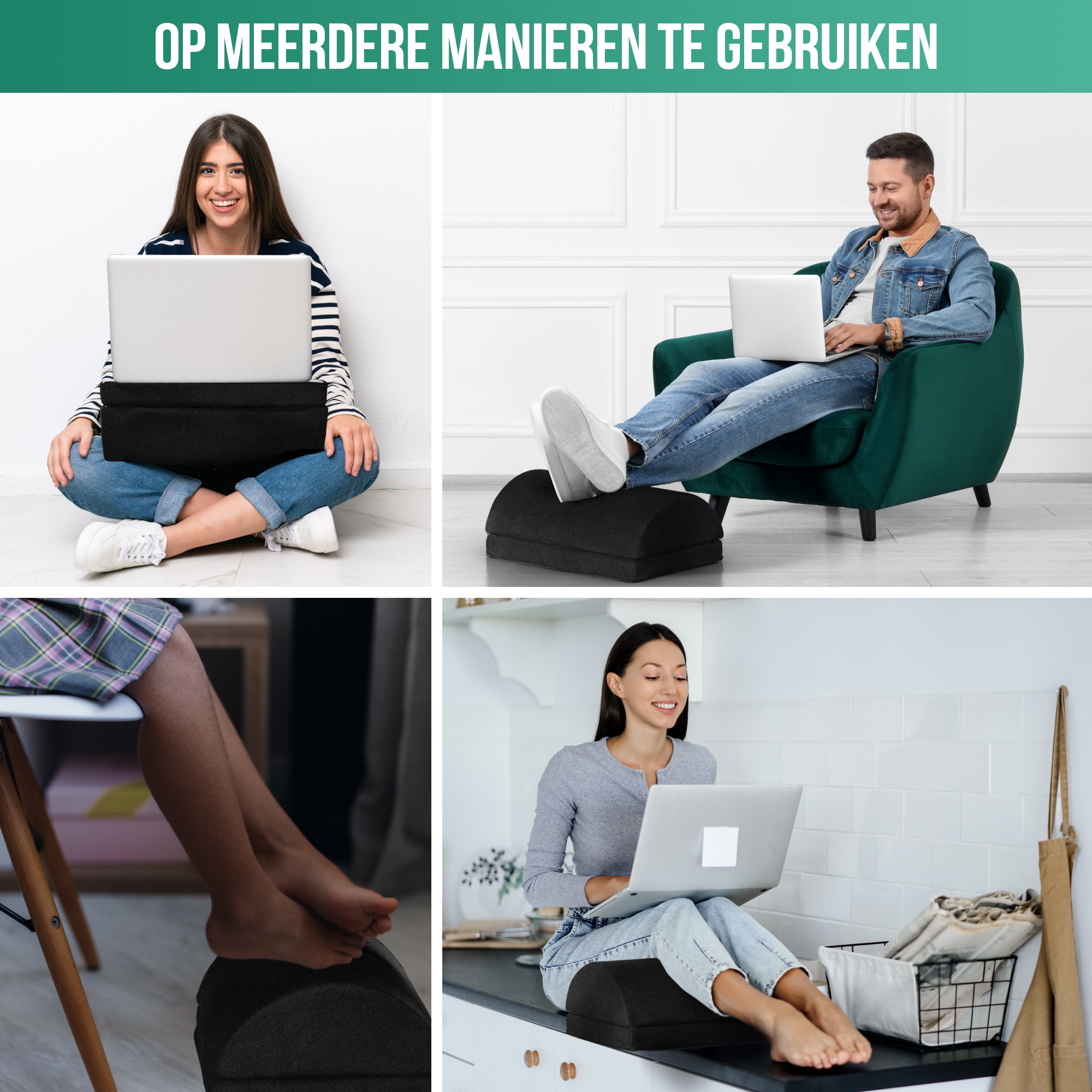 Vier Bilder, die verschiedene Möglichkeiten der Verwendung einer Fußstütze mit einem Laptop zeigen. Menschen nutzen sie.