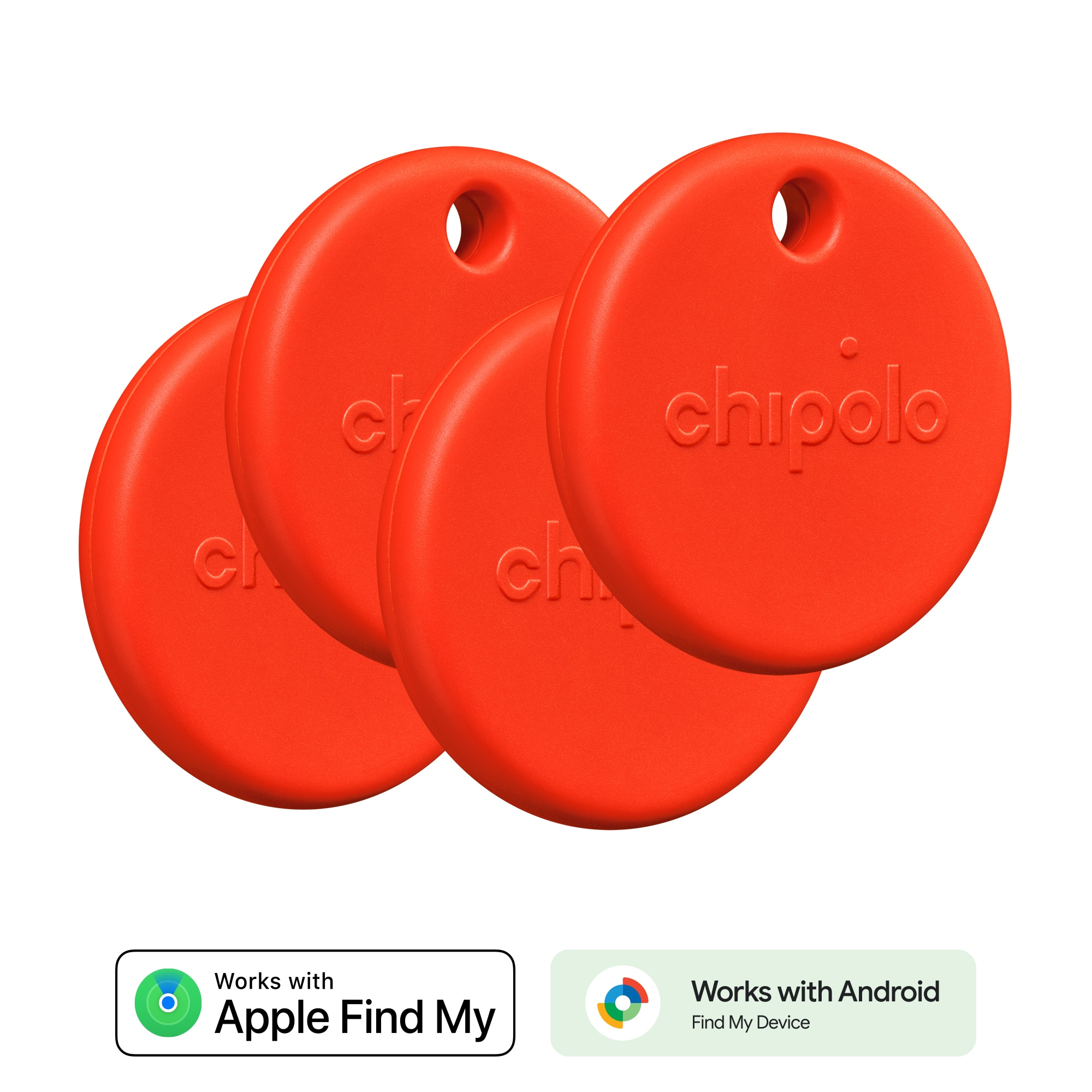 Vier oranje ronde trackingtags met het label 'chipolo'.