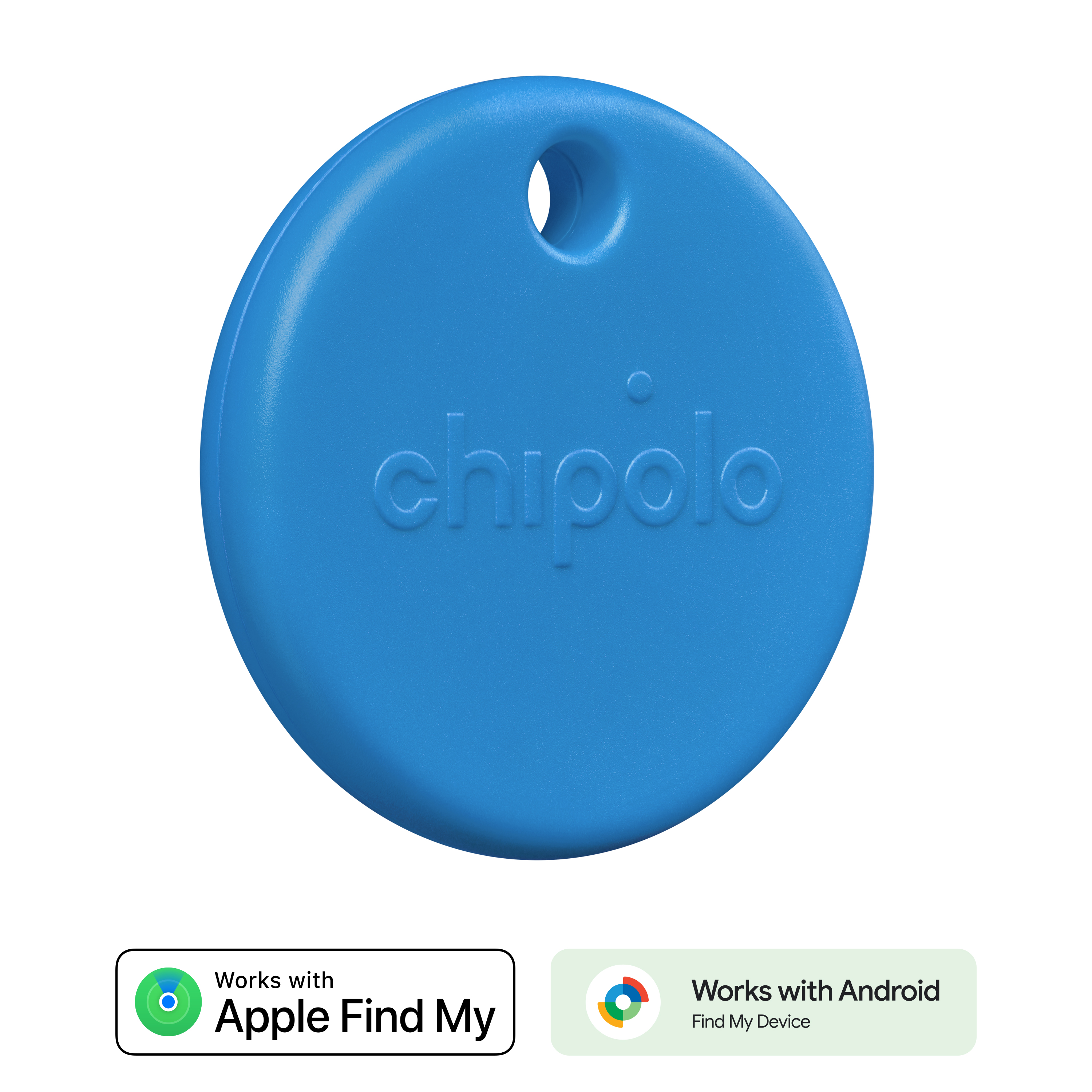 Tracker Chipolo bleu. Fond blanc. Logos Apple et Android.