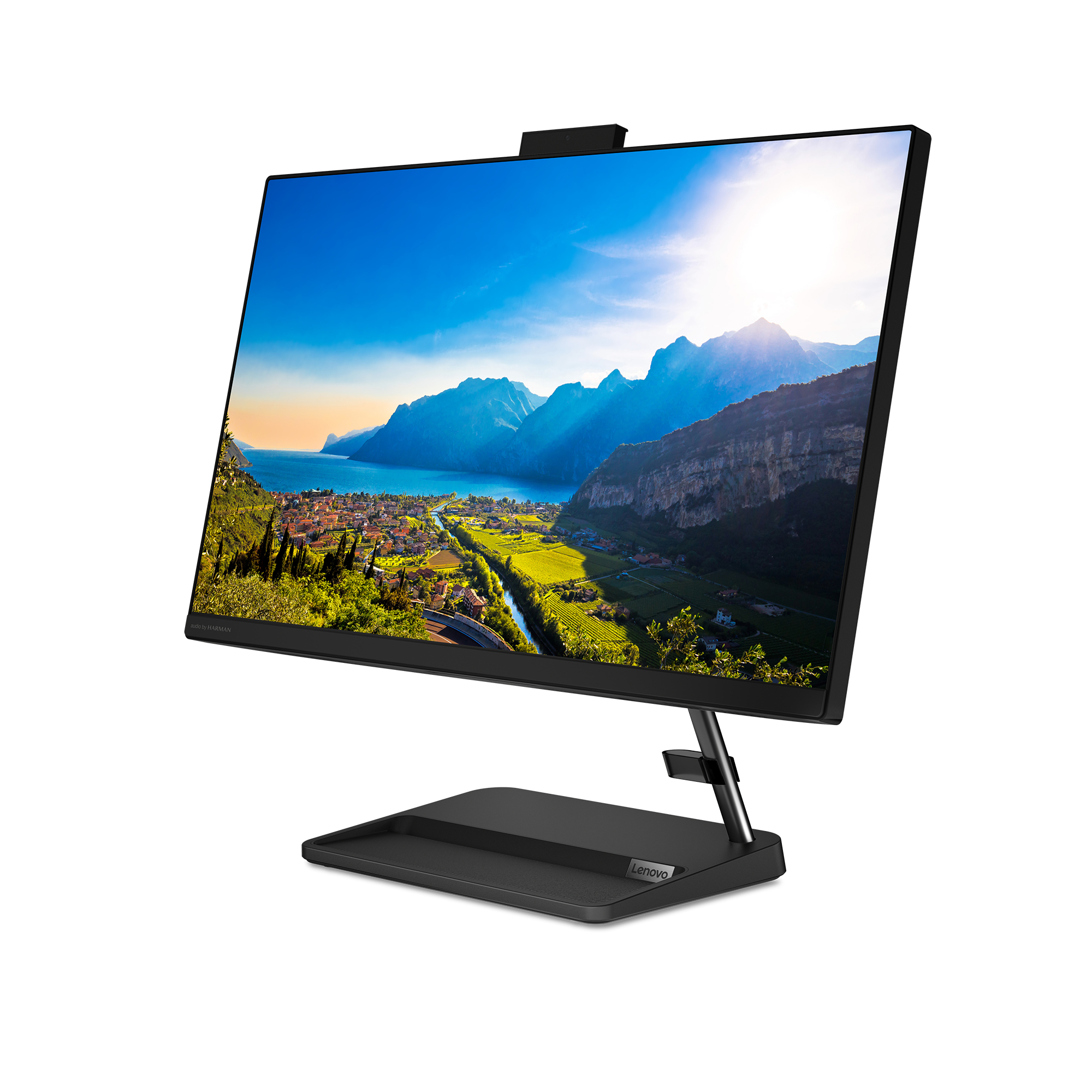 Czarny komputer Lenovo all-in-one z klawiaturą i myszą. Malownicze tło.