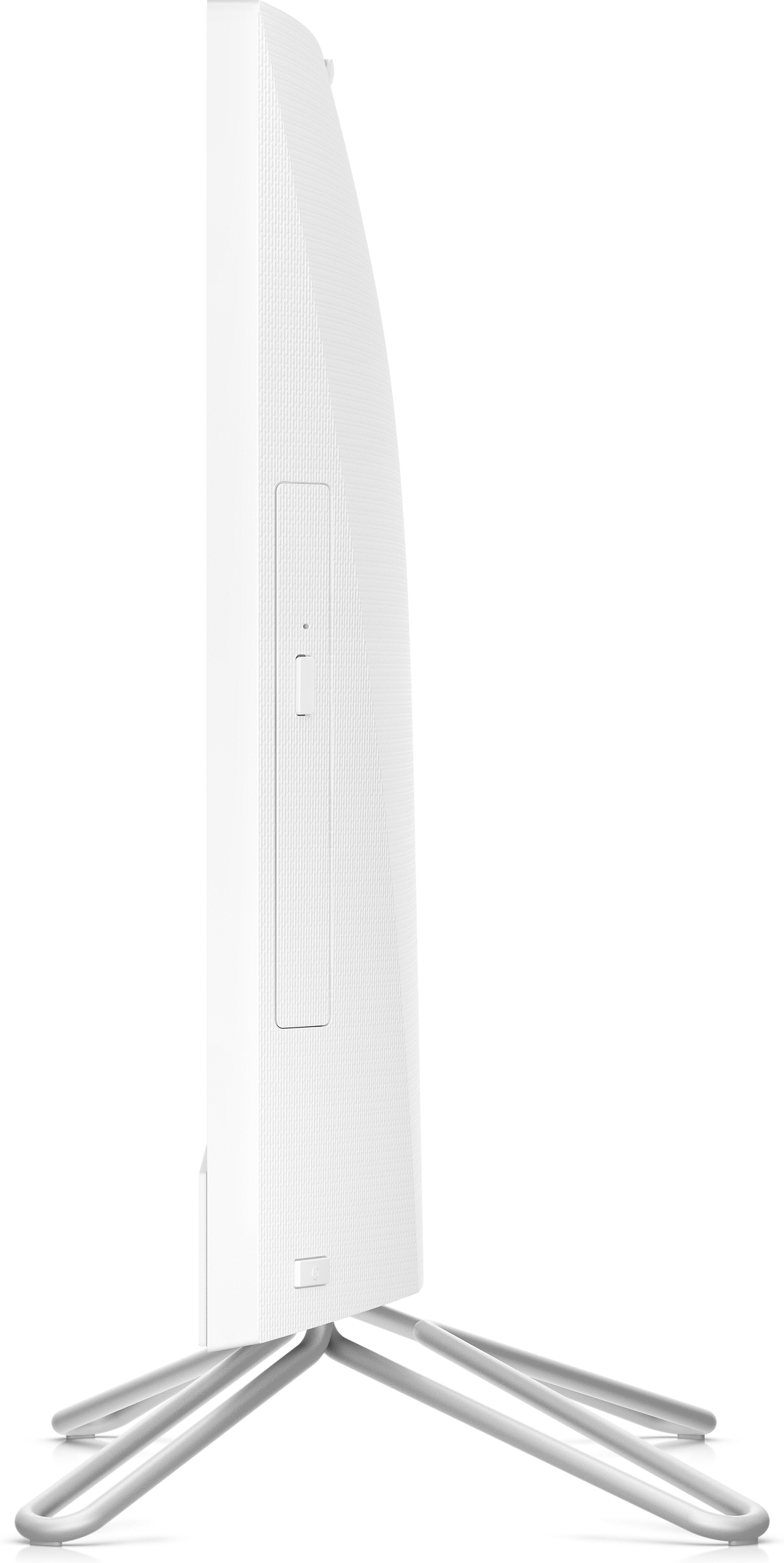 Weißer All-in-One-Computer von der Seite, mit Ständer. Der Bildschirm ist weiß.