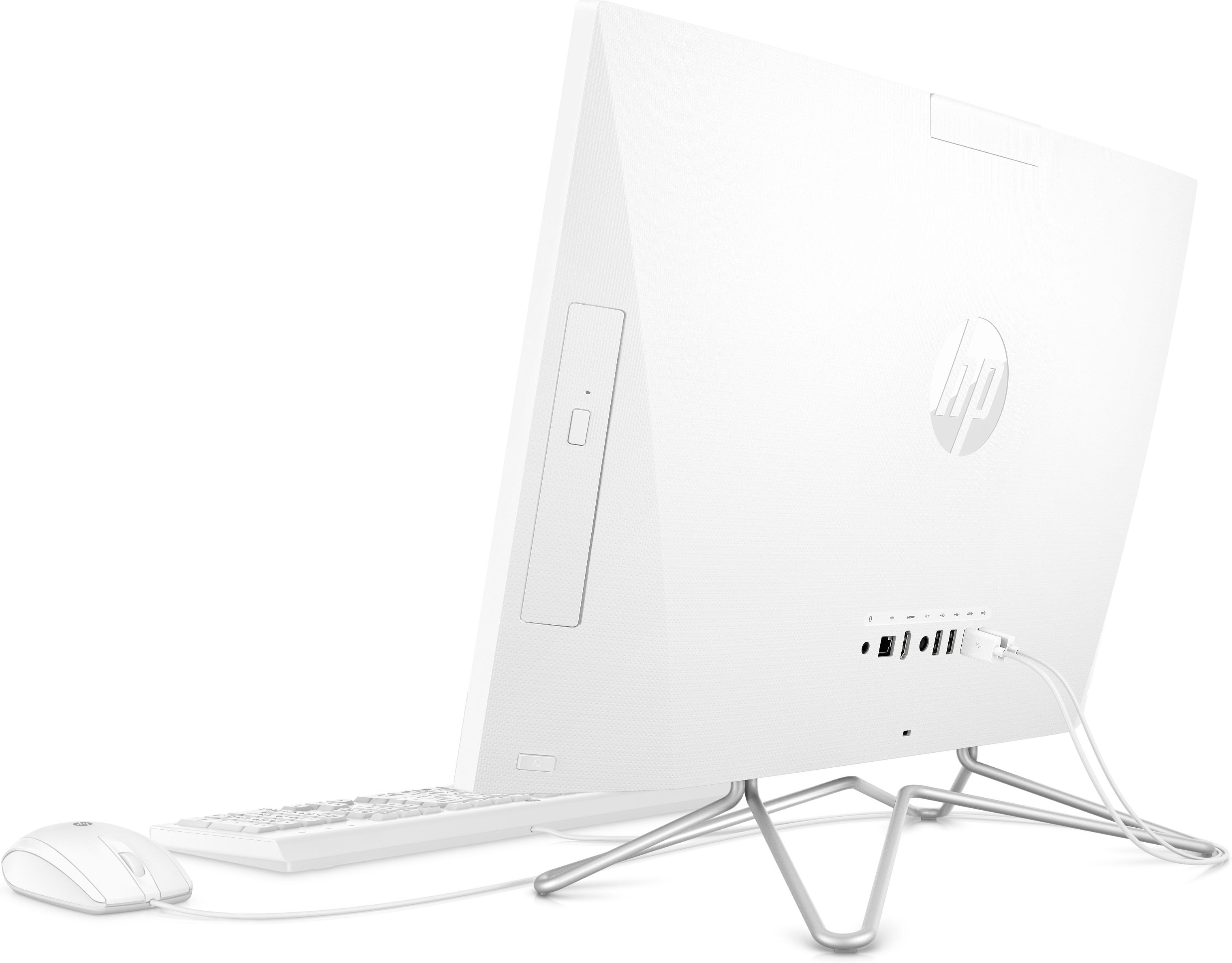 Weißer All-in-One-Computer, Rückansicht, mit Tastatur und Maus.