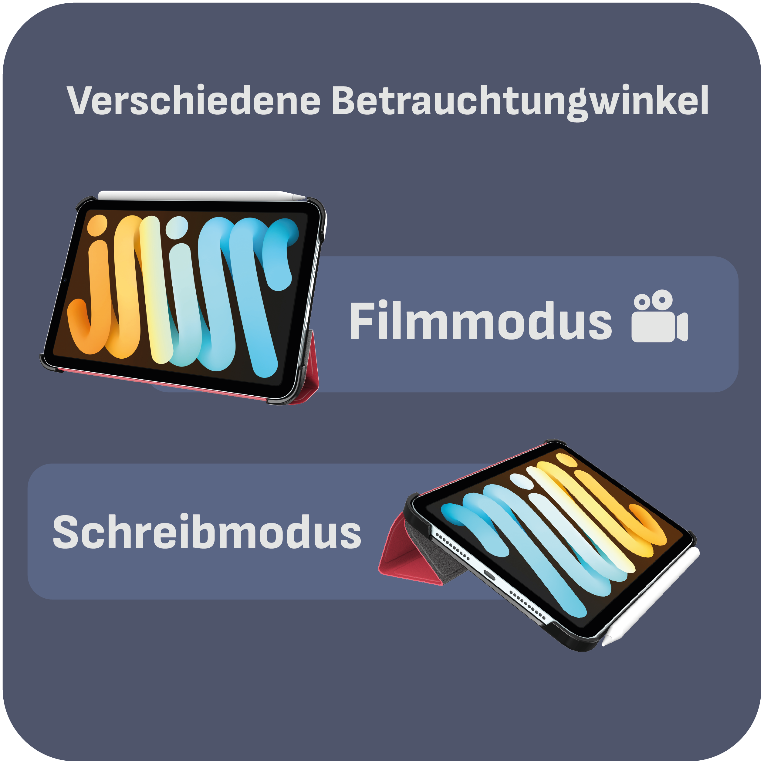 Das Bild zeigt zwei iPads im Schreib- und Filmmodus sowie Text.