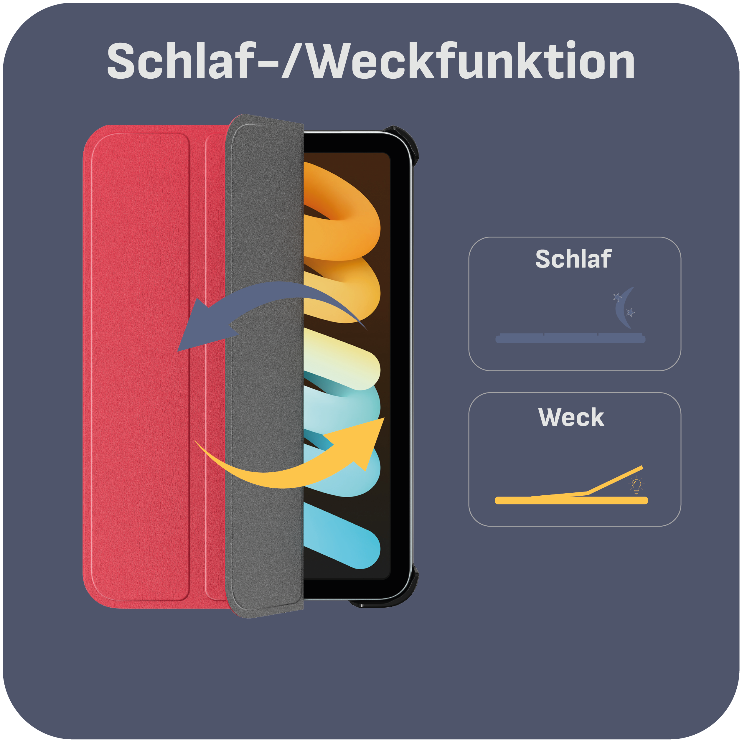 Rote Tablet-Hülle mit Öffnungs- und Schließfunktionen, mit einer Grafik, die Schlaf- und Weckfunktionen zeigt.
