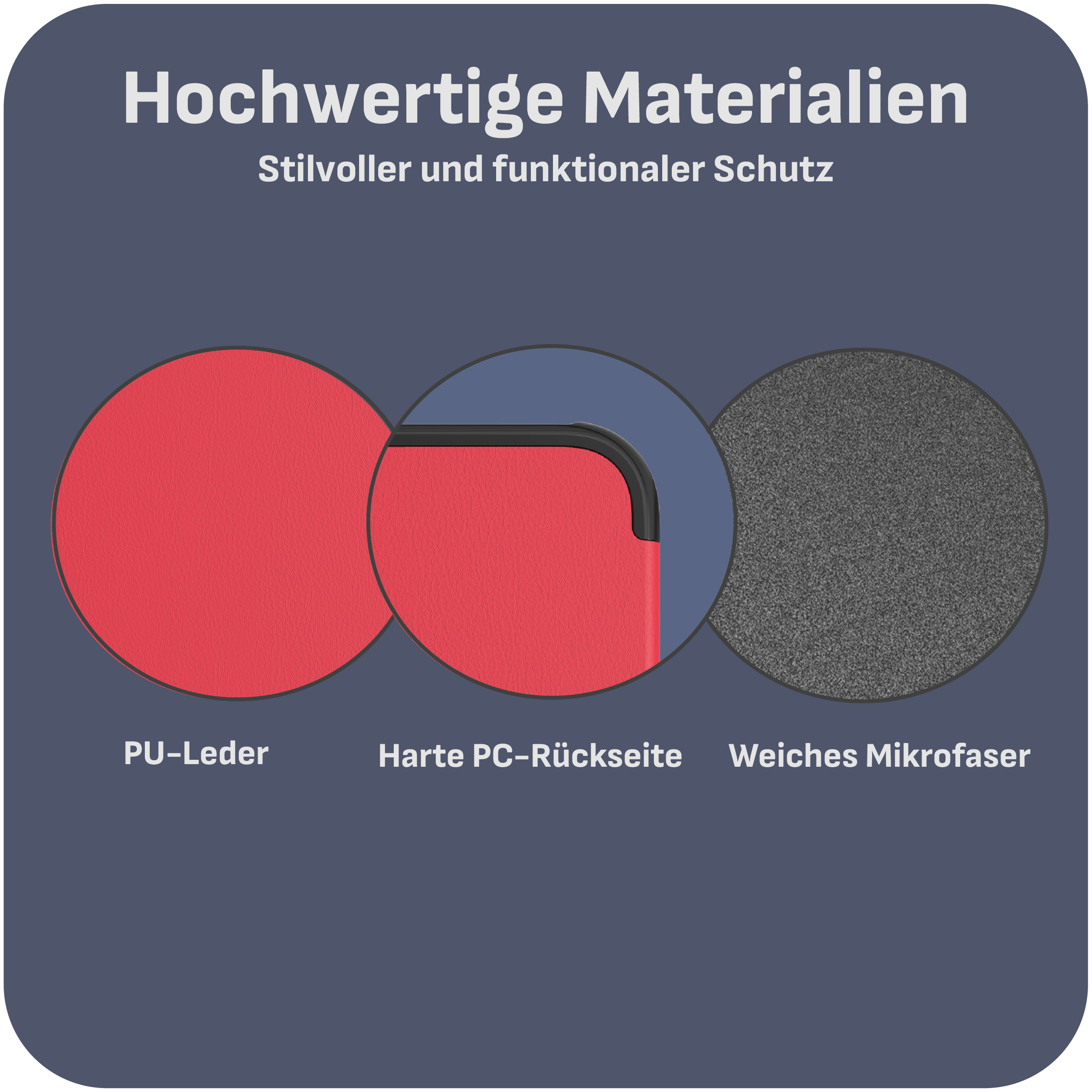 Drei farbige Kreise mit Text aus PU-Leder, harter PC-Rückseite und weicher Mikrofaser.