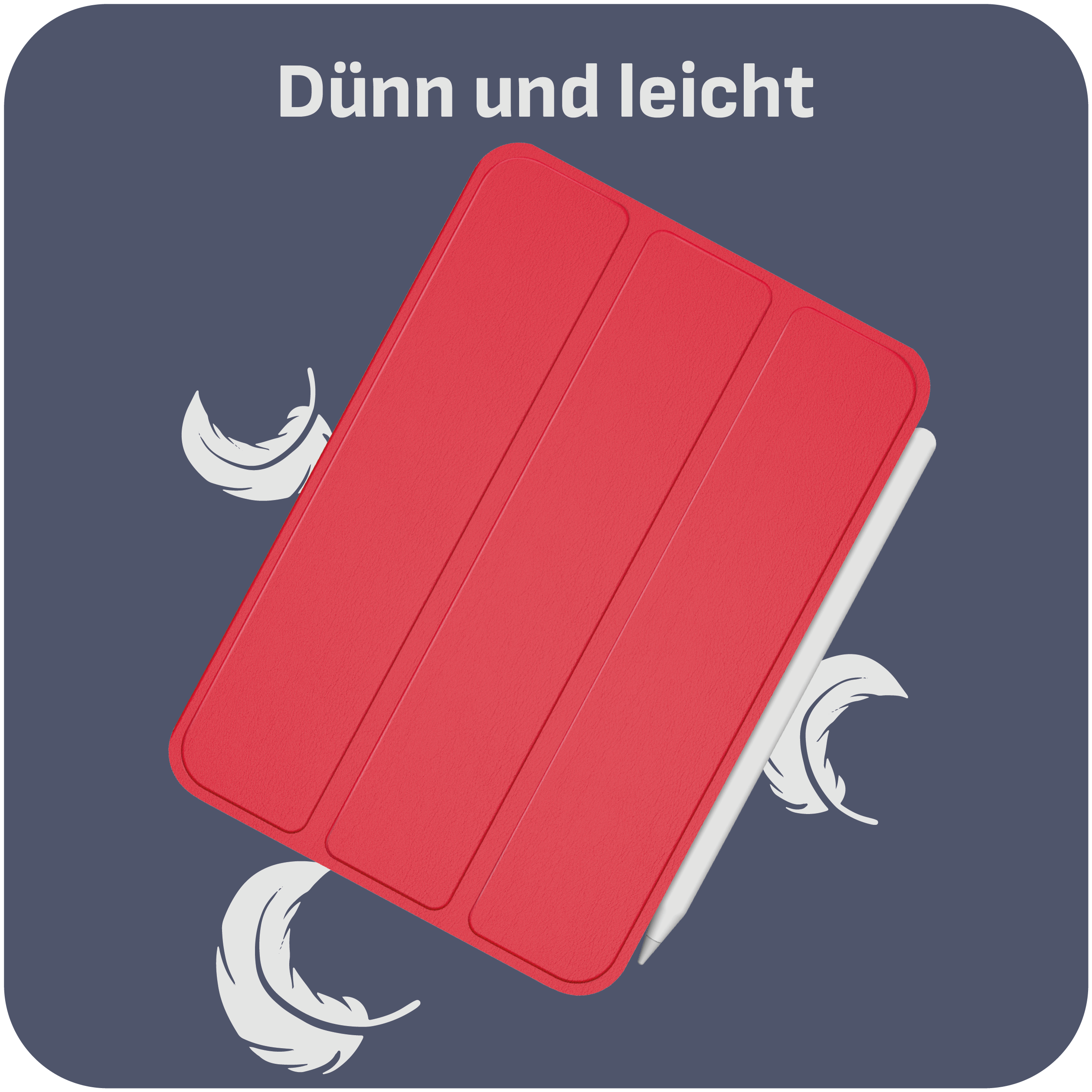 Eine rote Tablet-Hülle mit weißem Stift, mit Federn-Illustration.