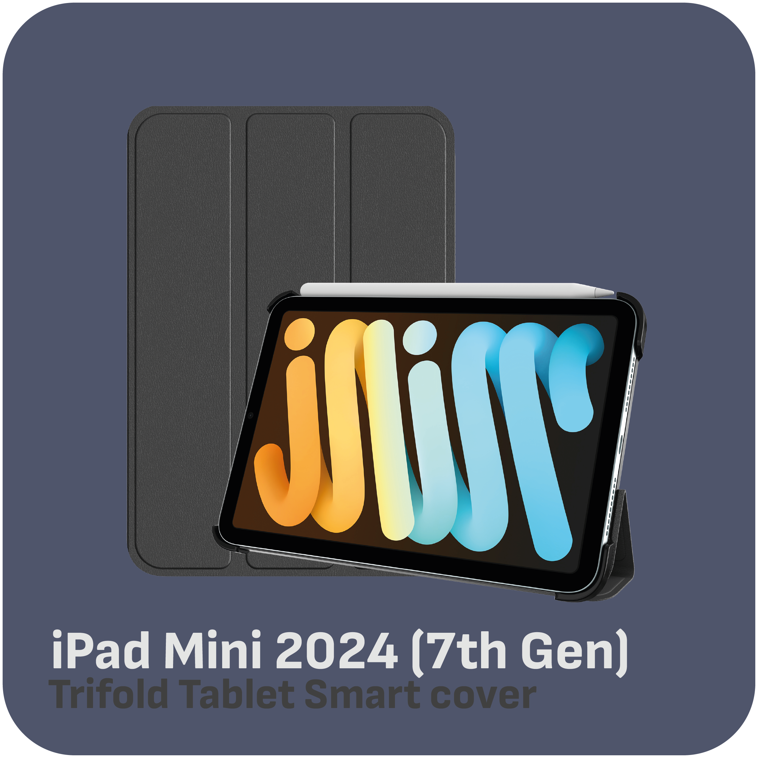 iPad Mini mit schwarzer Hülle. Der Bildschirm zeigt farbenfrohe Grafiken. Der Hintergrund ist dunkelblau.