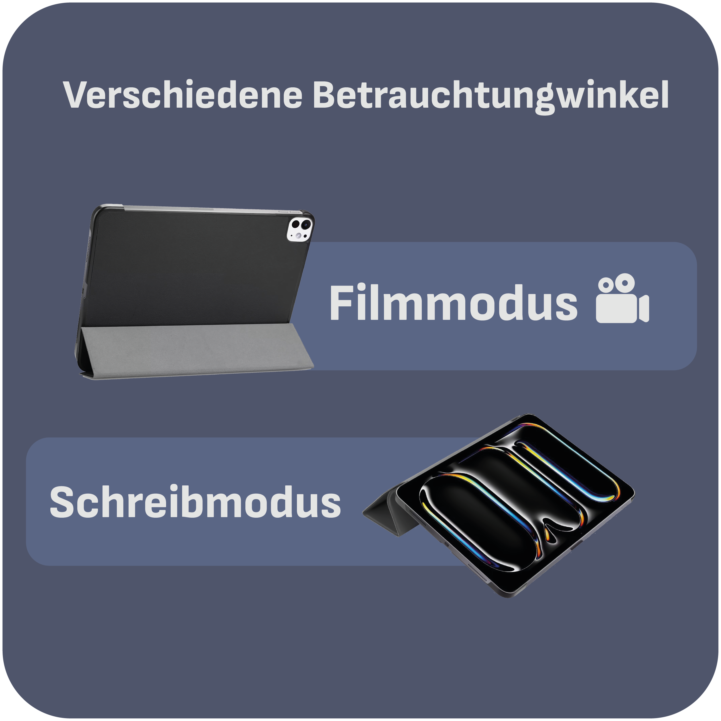 Das Bild zeigt ein Tablet im Film- und Schreibmodus mit geneigtem Design zur Betrachtung.