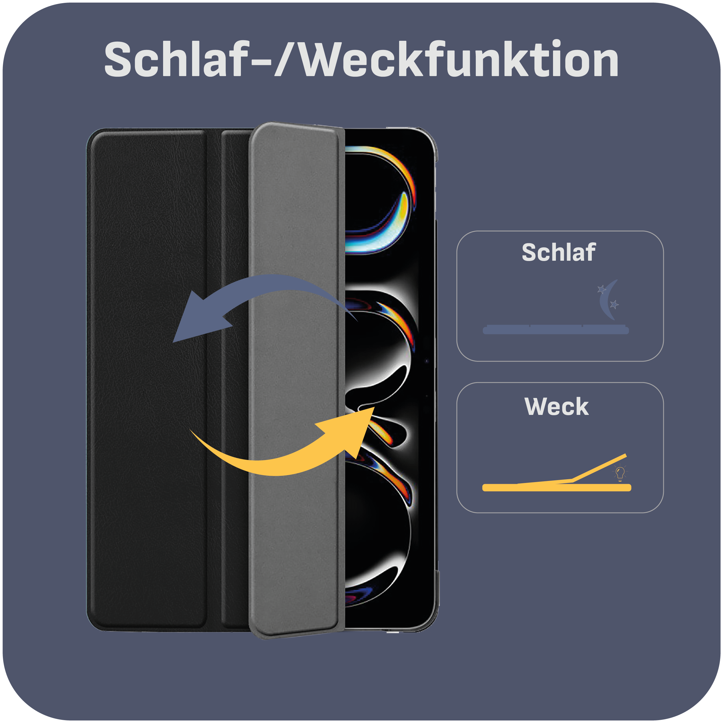 Tablet-Cover mit Schlaf-/Weckfunktion mit Pfeilen und Symbolen auf dunklem Grund.