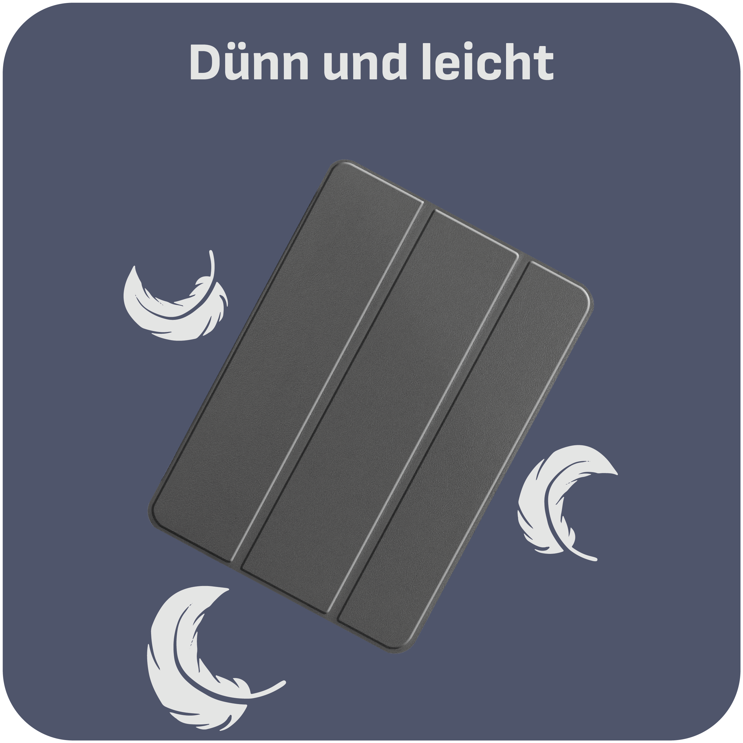Eine Tablet-Hülle mit drei weißen Feder-Icons, die auf dunklem Hintergrund schweben.