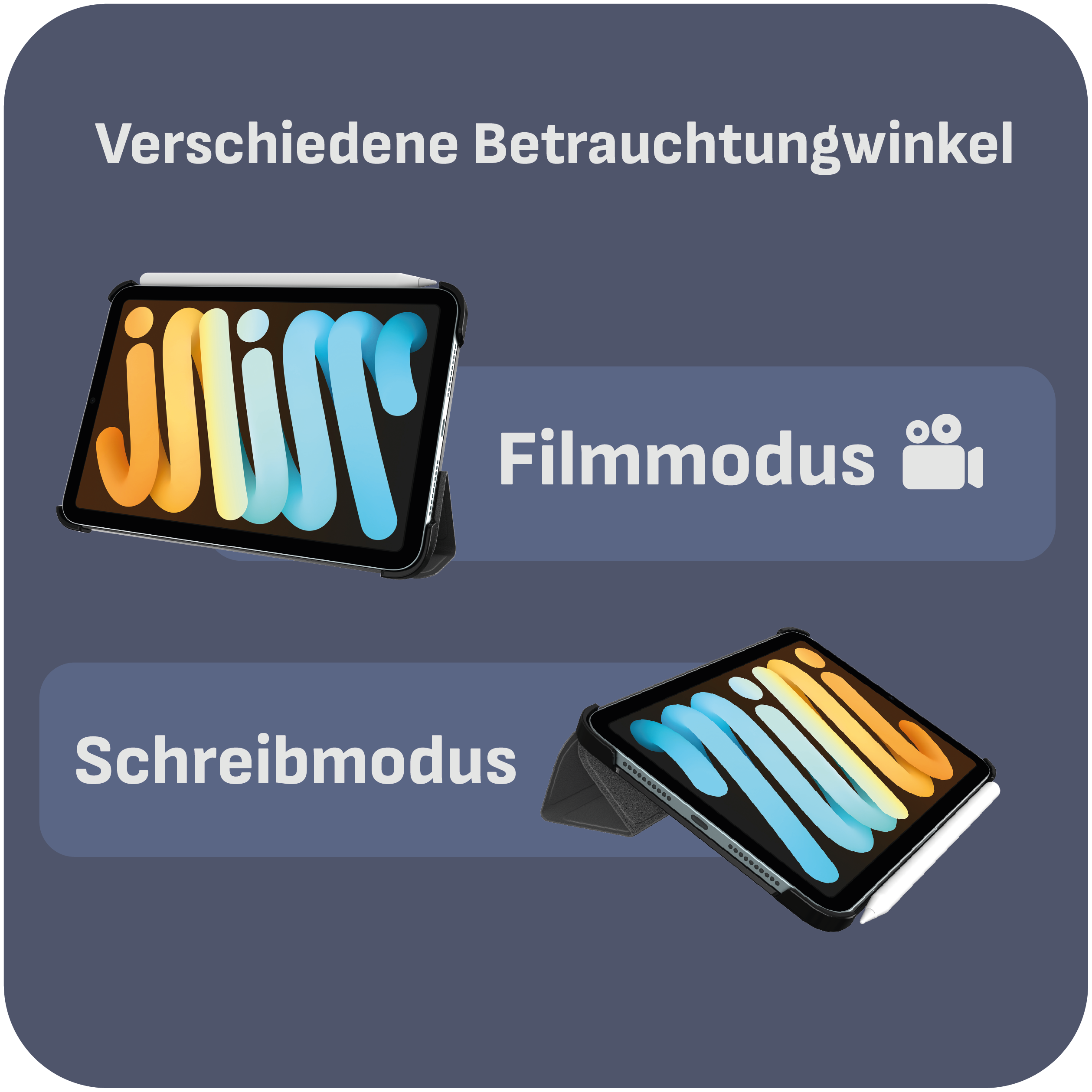 Zwei Tablets in Hüllen, eines im Filmmodus und eines im Schreibmodus. Beide haben farbenfrohe Bildschirme.
