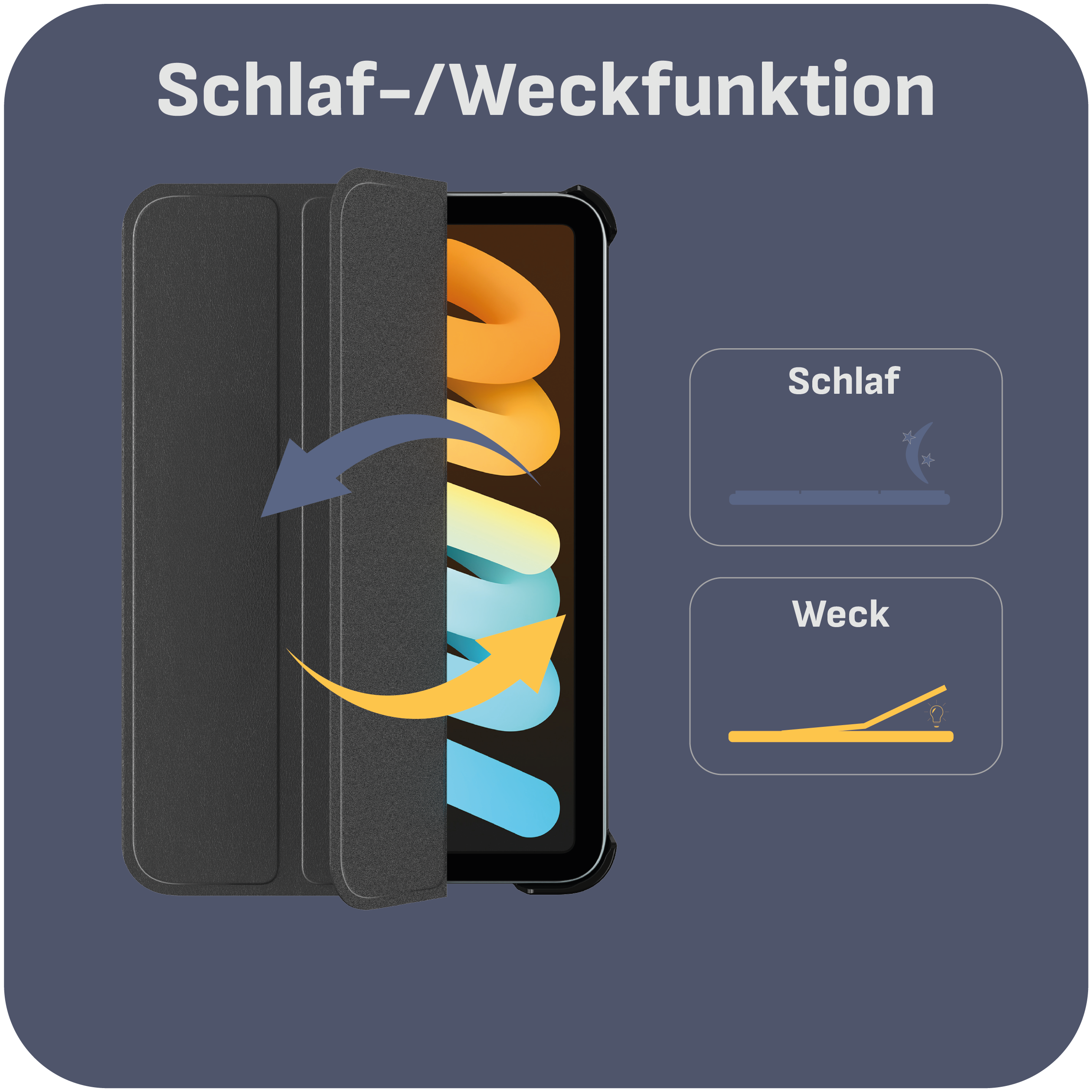 Tablet-Hülle mit Schlaf-/Weckfunktion. Die Hülle ist schwarz mit Magnetverschluss.