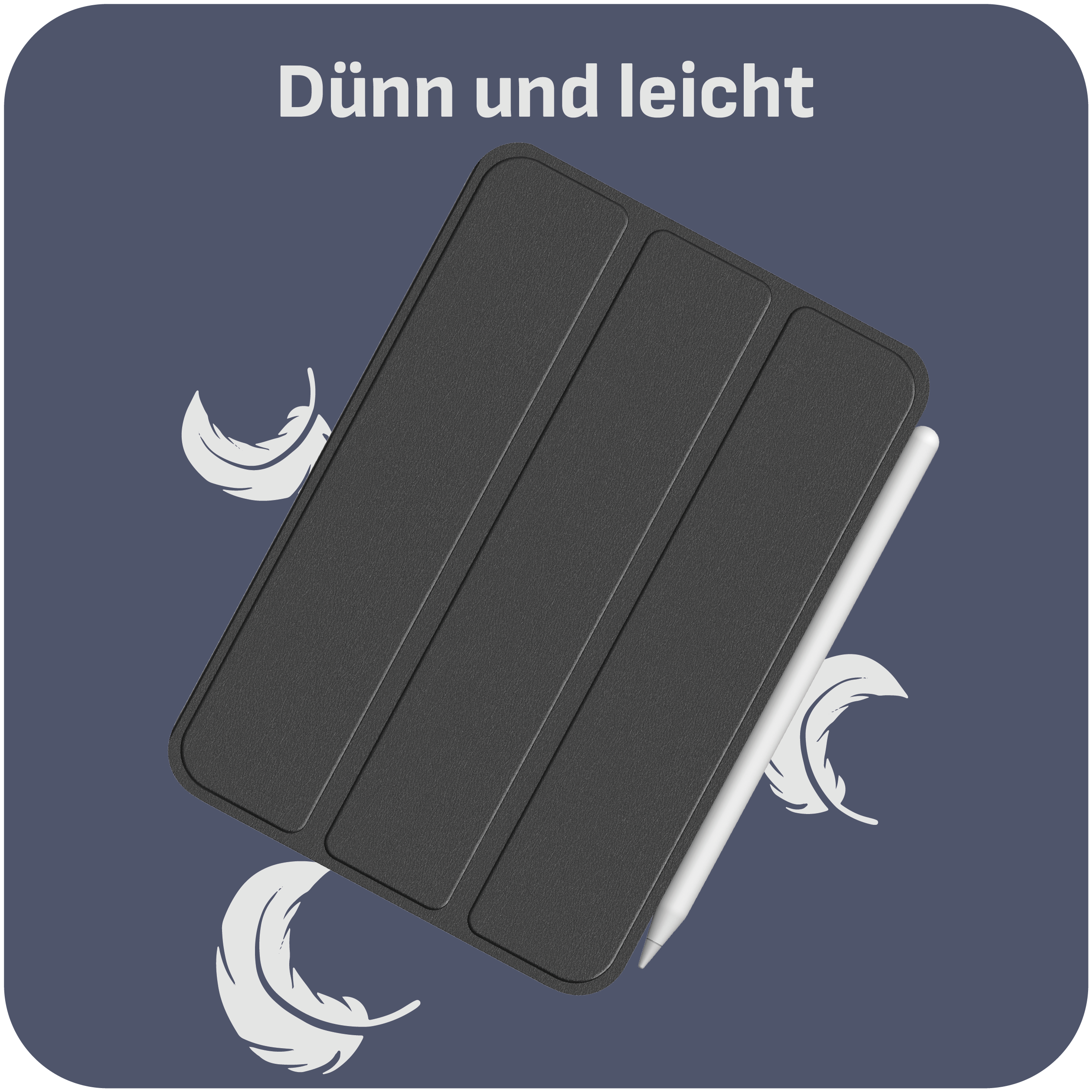 Schwarzes Tablet-Case mit Stift und weißen Federn auf dunklem Grund.