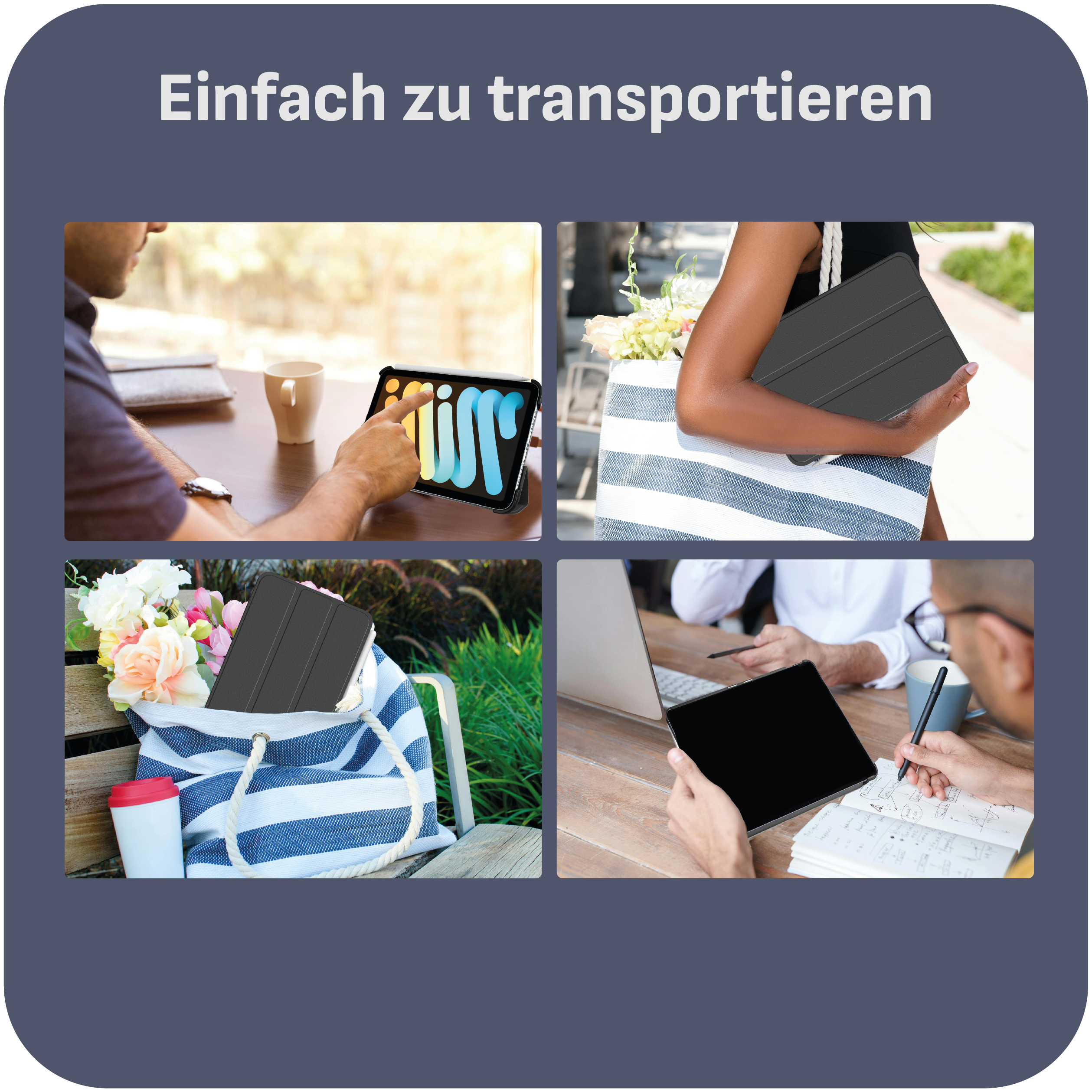 Bilder, die ein Tablet in verschiedenen Situationen zeigen. In einer Tasche, auf einem Schreibtisch und in den Händen.