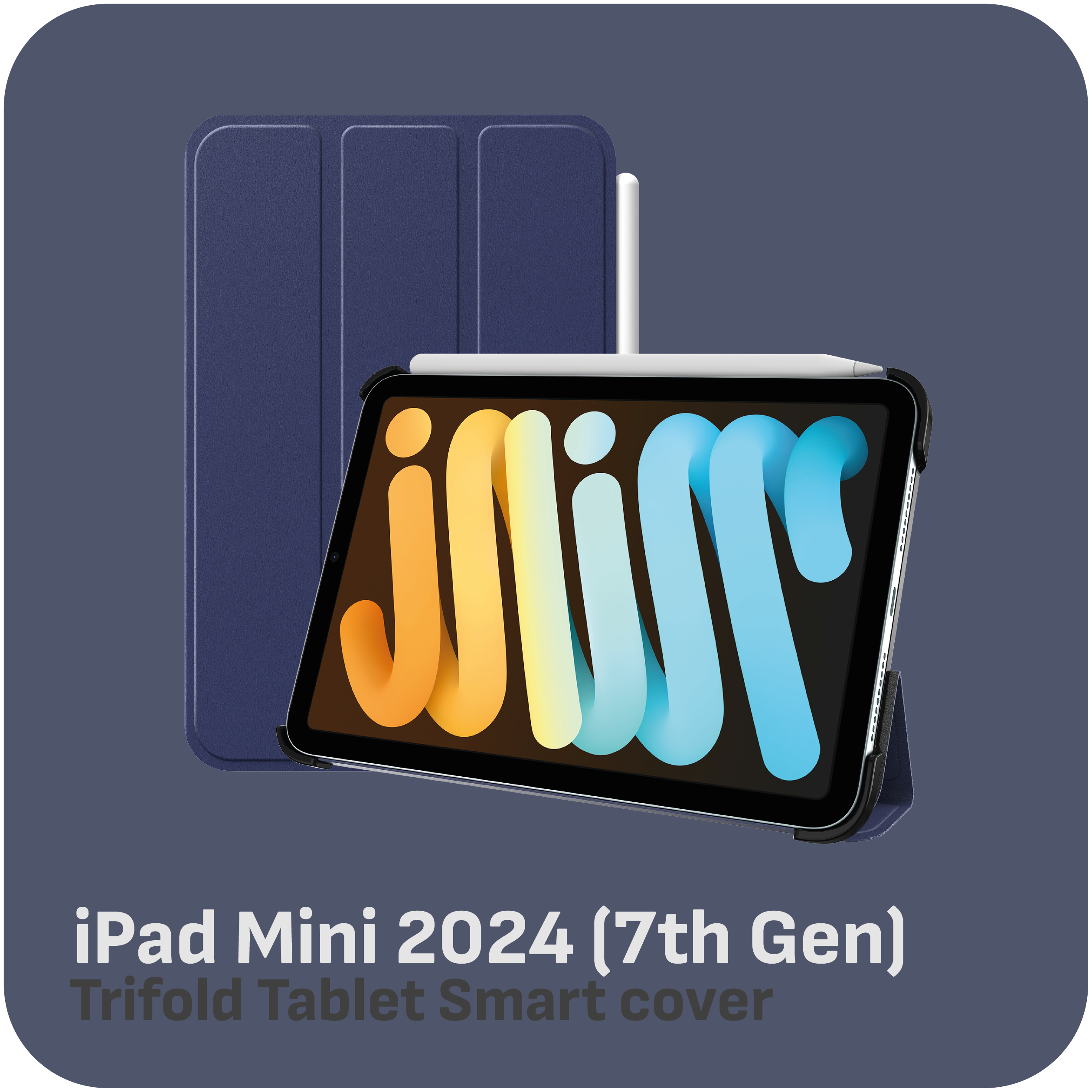 iPad Mini 2024 in blauem Smart Cover mit Stift.