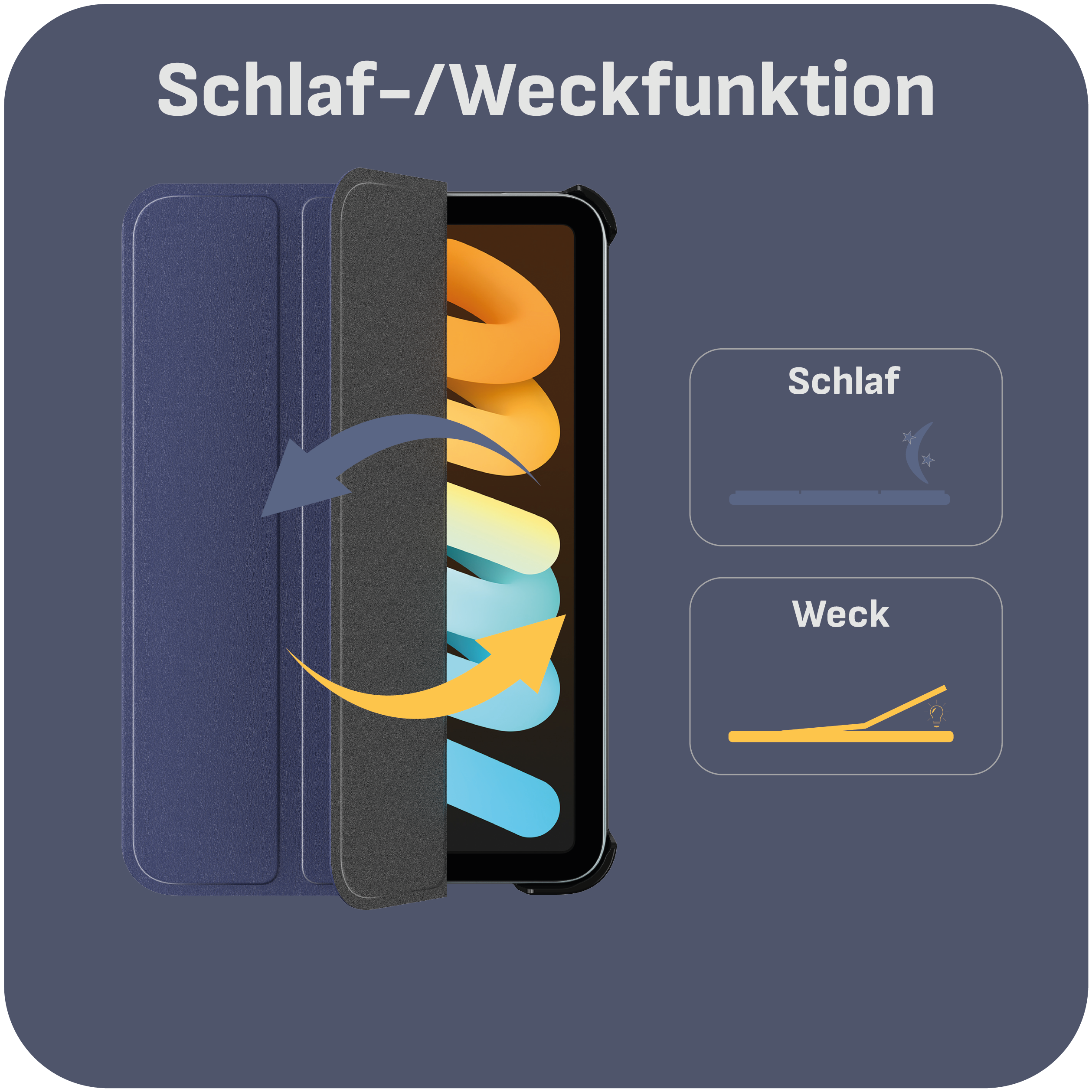 Blaue Tablethülle mit einem Cover, das Symbole für Schlaf- und Weckfunktion zeigt.
