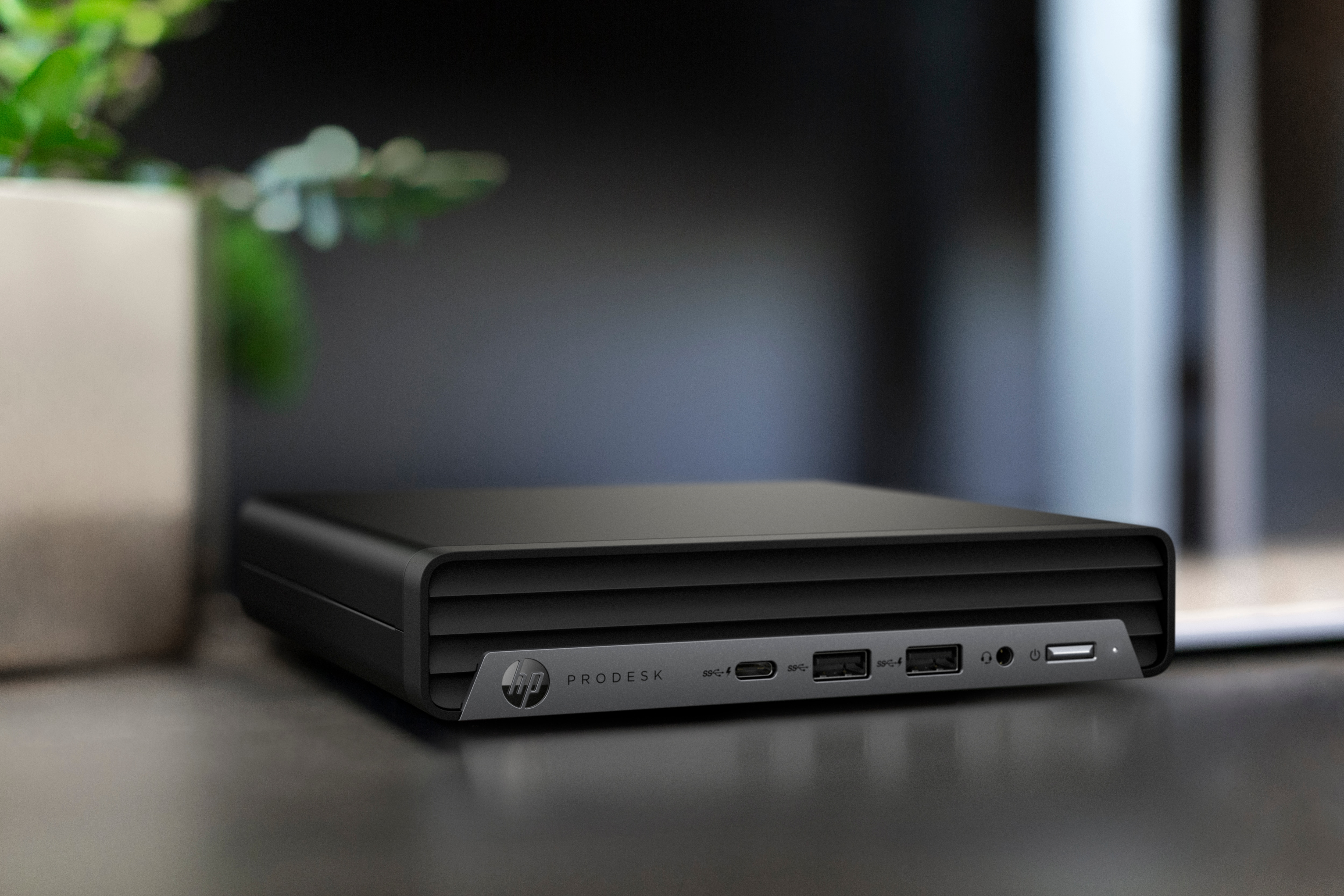 Ordenador HP ProDesk negro sobre un escritorio junto a una planta verde en una maceta blanca.