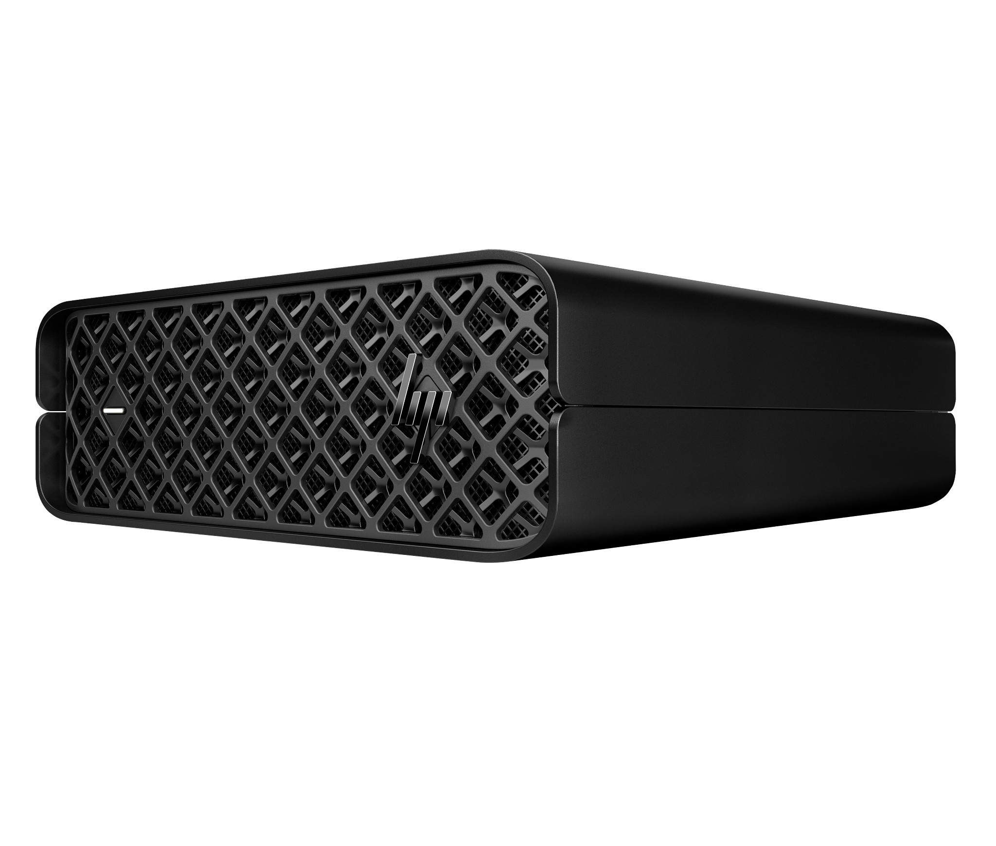 Primo piano di un computer nero con un design a rete sulla parte superiore. Logo HP visibile.