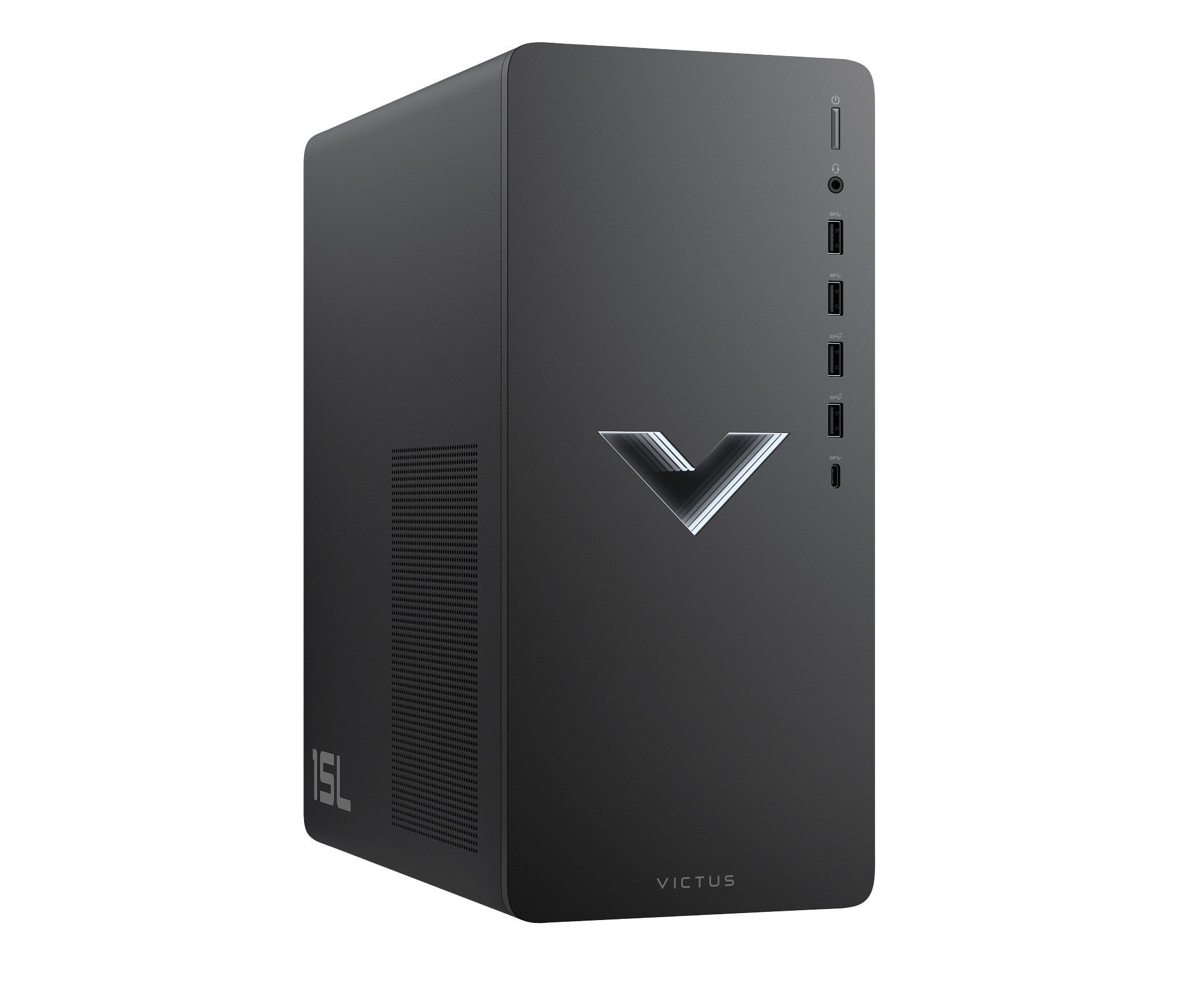 Torre del computer nera con logo argentato e la parola VICTUS.