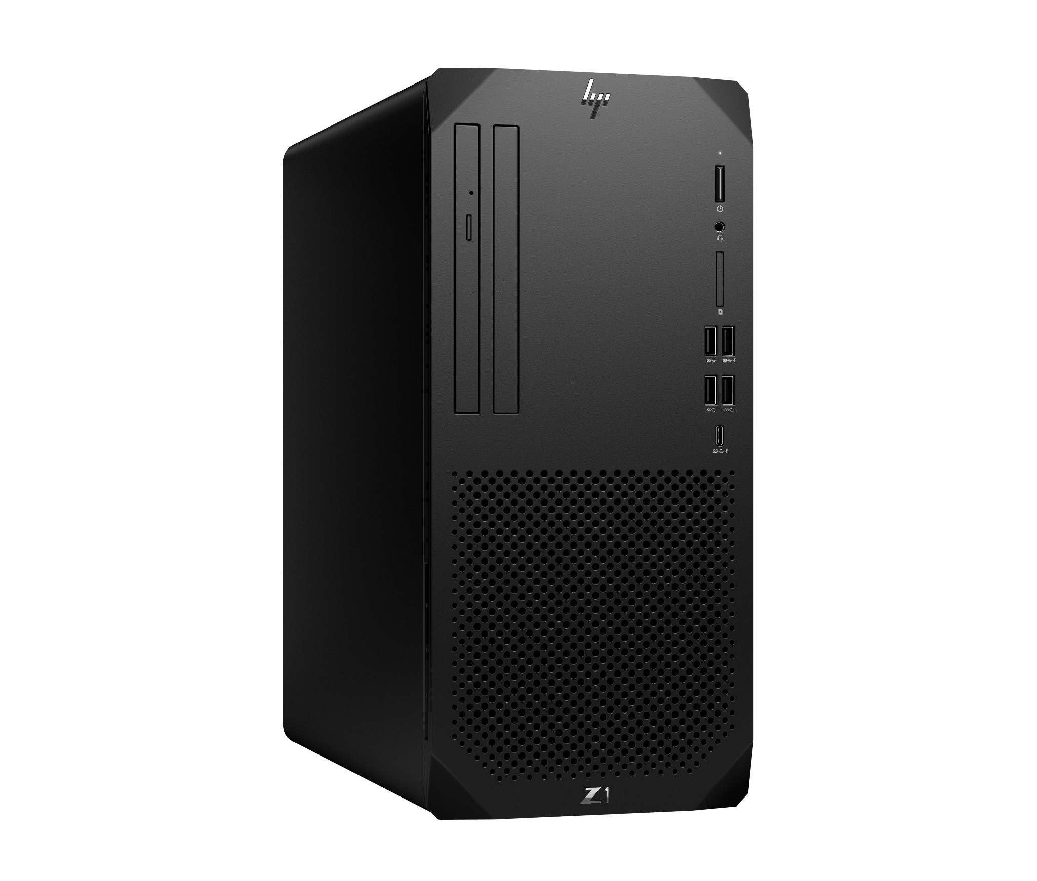 Torre per computer desktop nera con logo HP. Dispone di un'unità disco e varie porte.