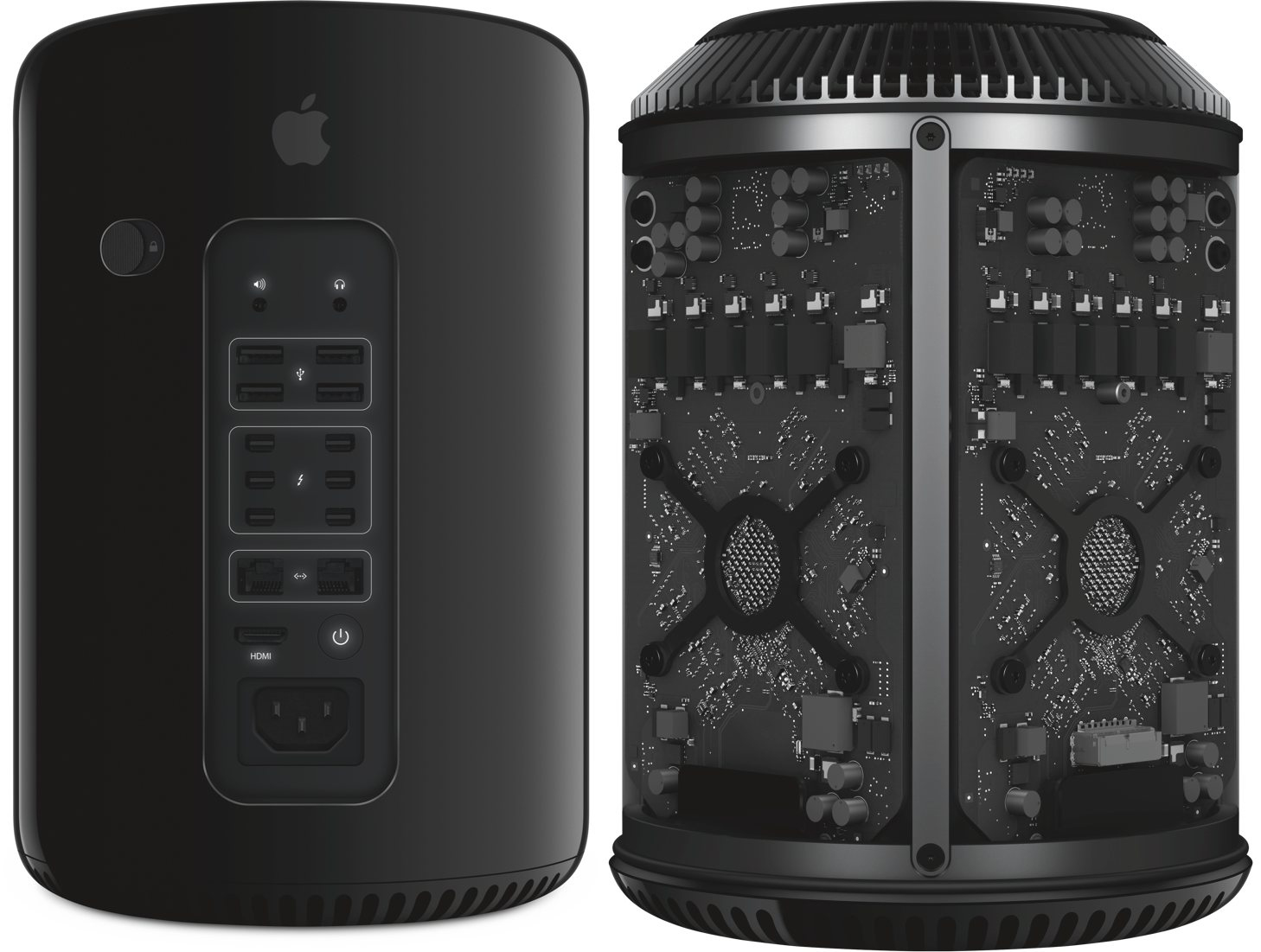 Apple Mac Pro nero. Vista posteriore con porte e vista interna.