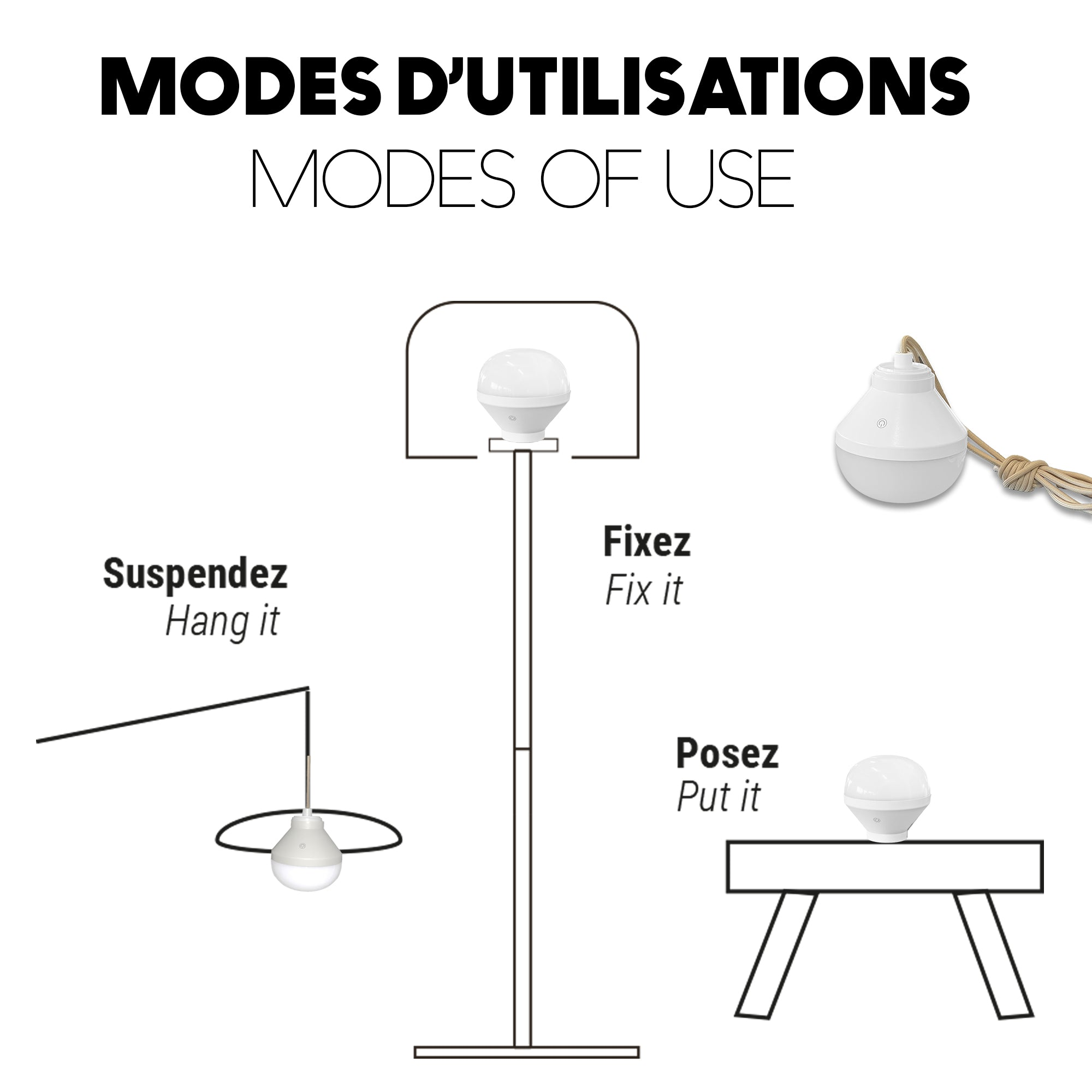 Diagramm mit drei Möglichkeiten zur Verwendung einer Lampe: hängen, an einem Ständer befestigt und auf einen Tisch gestellt.