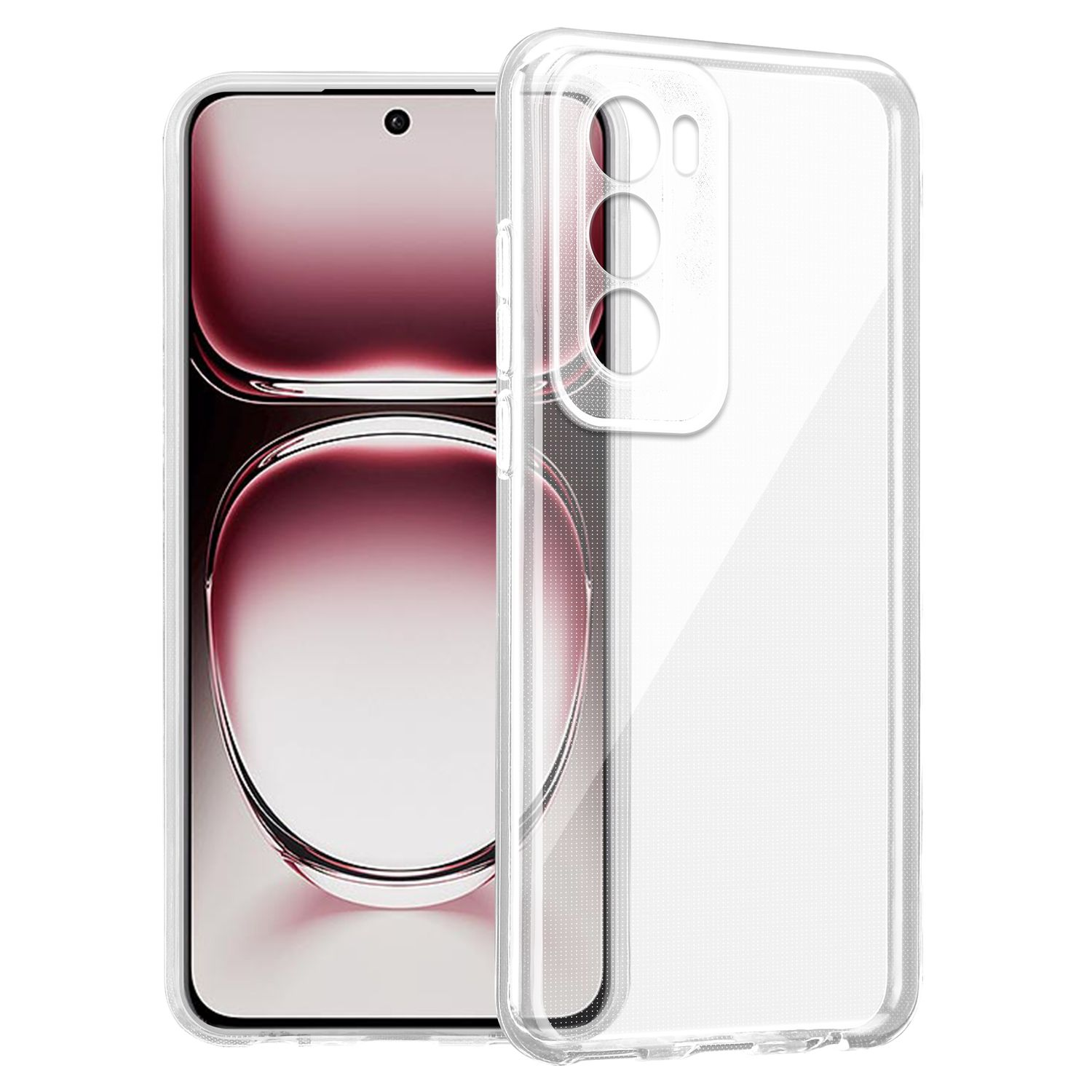 Transparente Handyhülle auf einem Handy, das den Bildschirm zeigt. Die Hülle bedeckt Rückseite und Seiten.