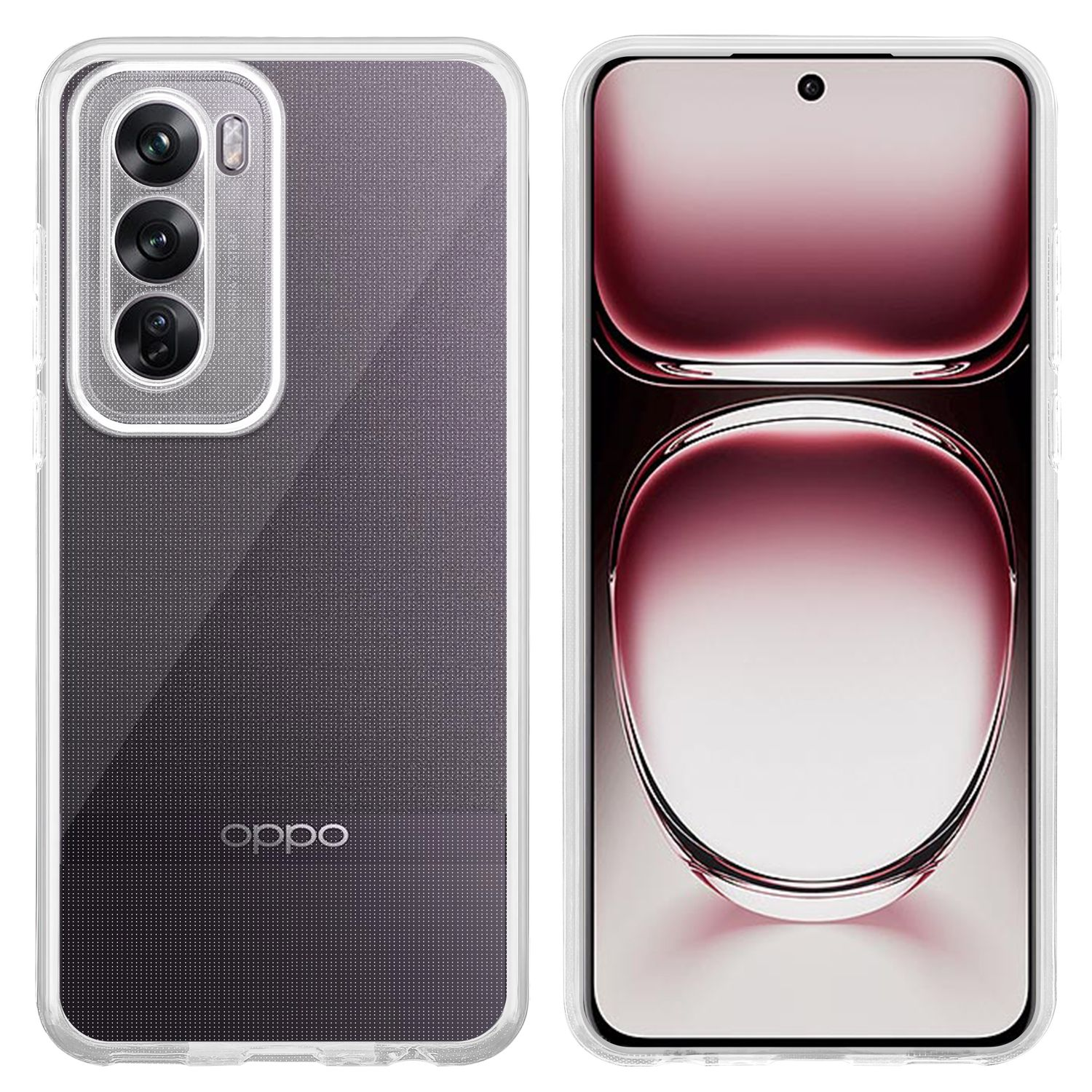 Eine transparente Handyhülle mit Oppo-Logo links und dem Bildschirm eines Handys rechts.