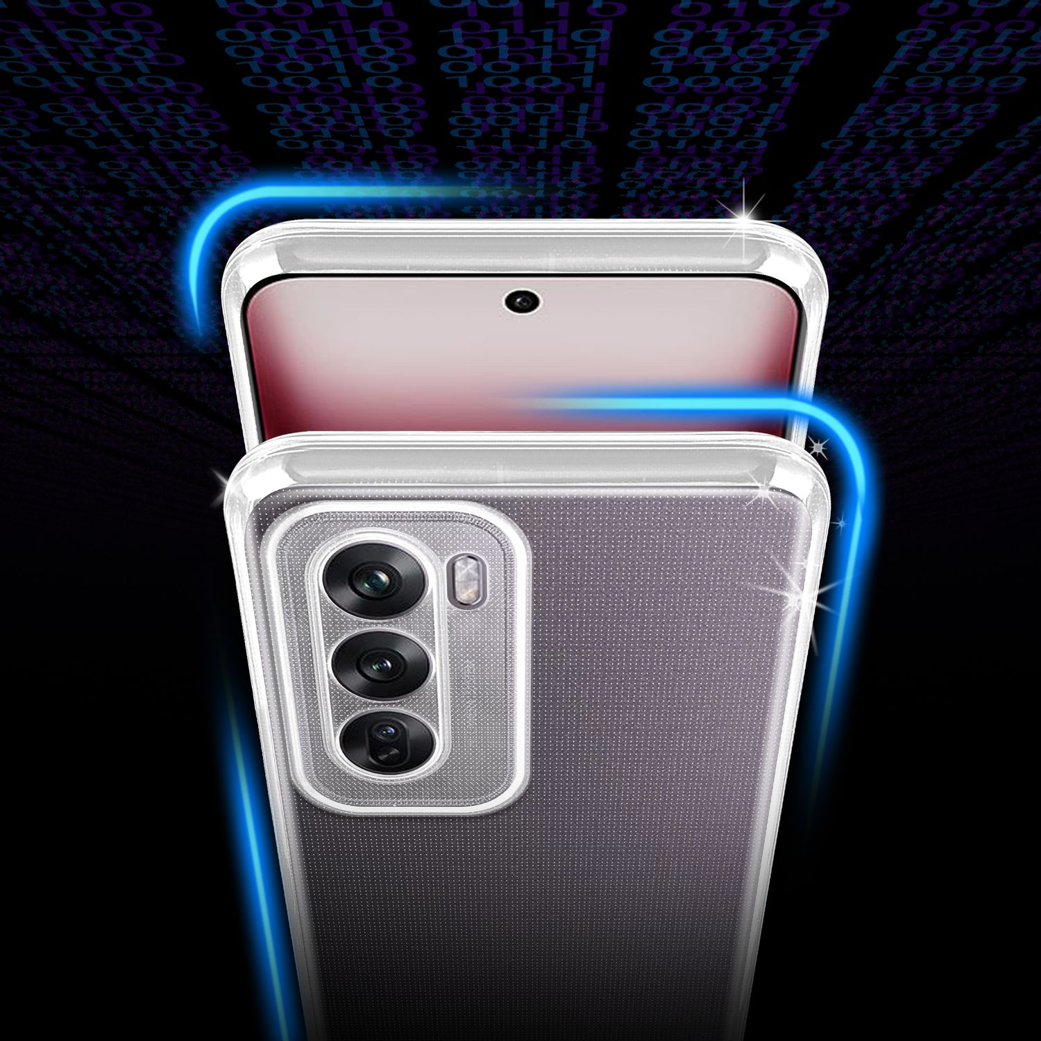 Telefon in einer transparenten Hülle. Binärcode-Hintergrund.