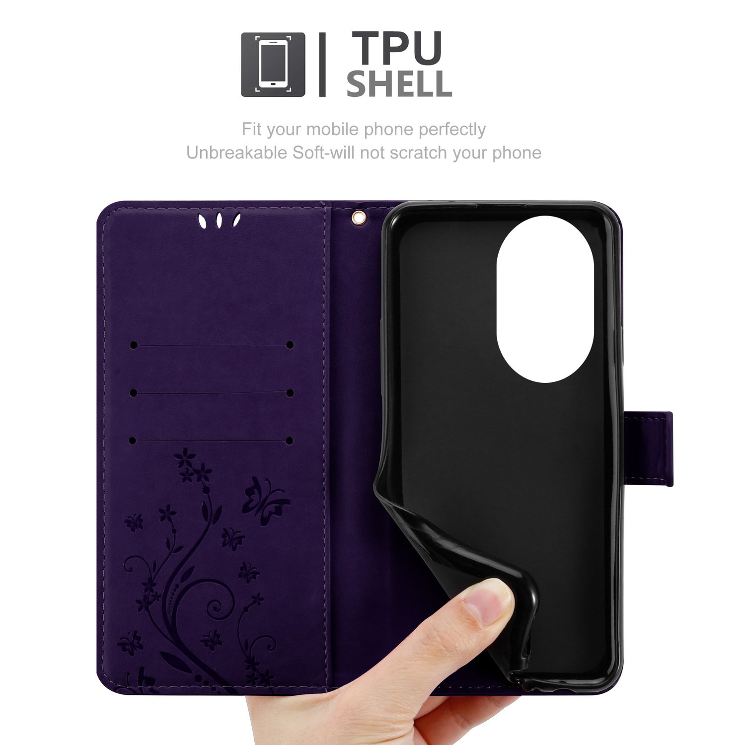 Lila Handyhülle geöffnet, zeigt Telefon und Blumen-Schmetterling-Design. Schwarzes Telefon innen.