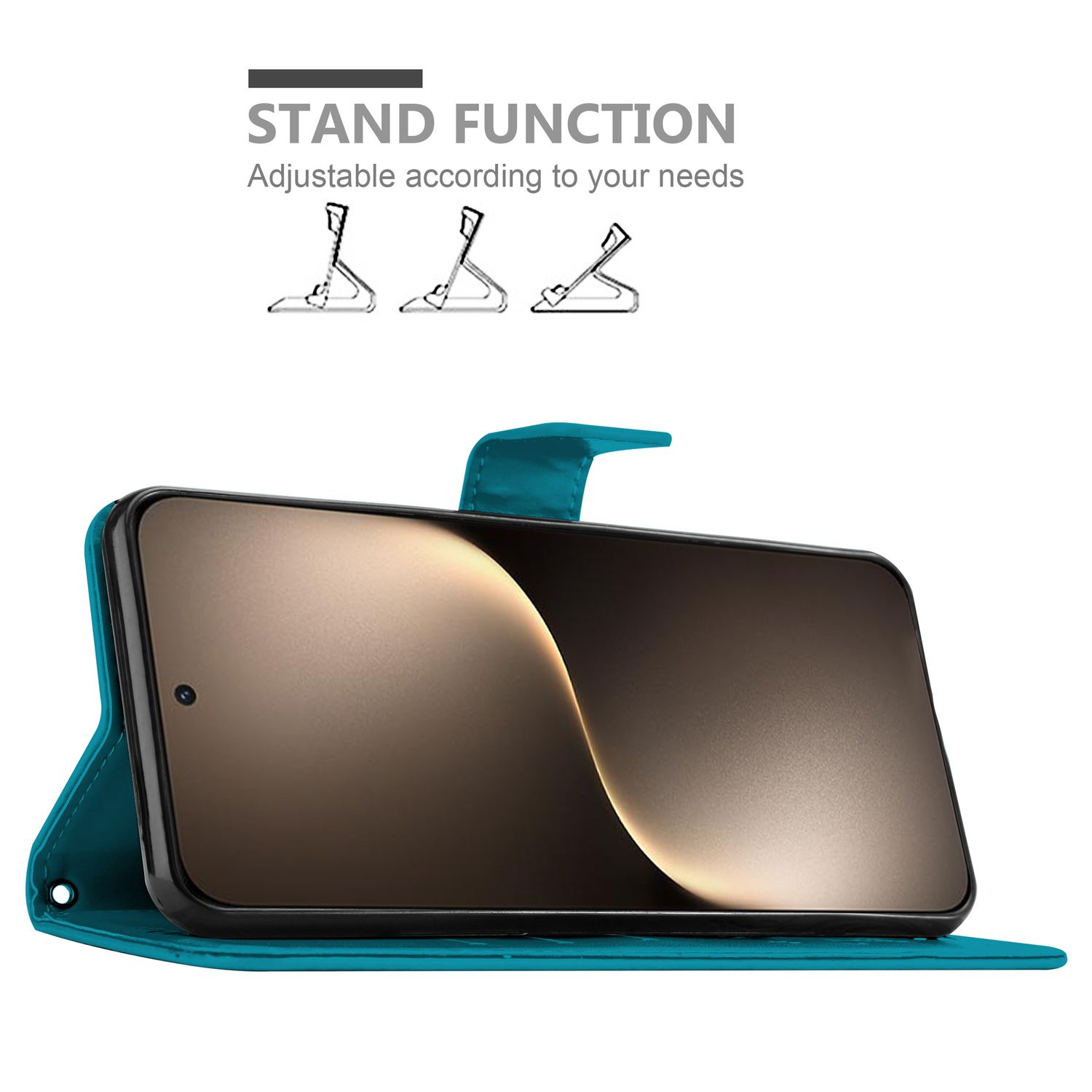 Türkisfarbene Handyhülle geöffnet, um ein schwarzes Telefon freizugeben. Die Standfunktion wird gezeigt.