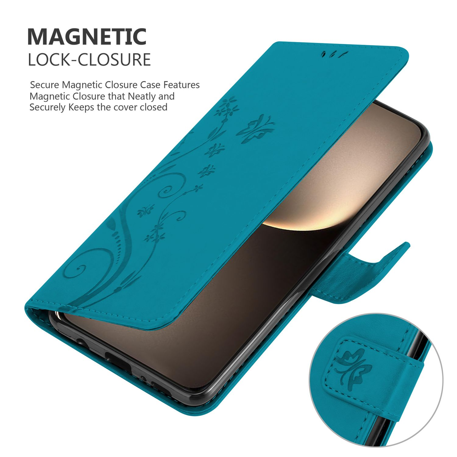 Türkisfarbene Handyhülle mit floralem Design, offen, zeigt ein Handy. Magnetverschlussdetails werden gezeigt.